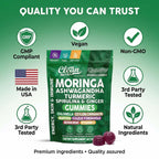 Clean Nutra Moringa Gummies | Pure Moringa Powder Supplement + Ashwagandha Turmeric Spirulina & Ginger Energy, Skin, Immune & Gut Health Green Superfood - Moringa Capsules Alternative