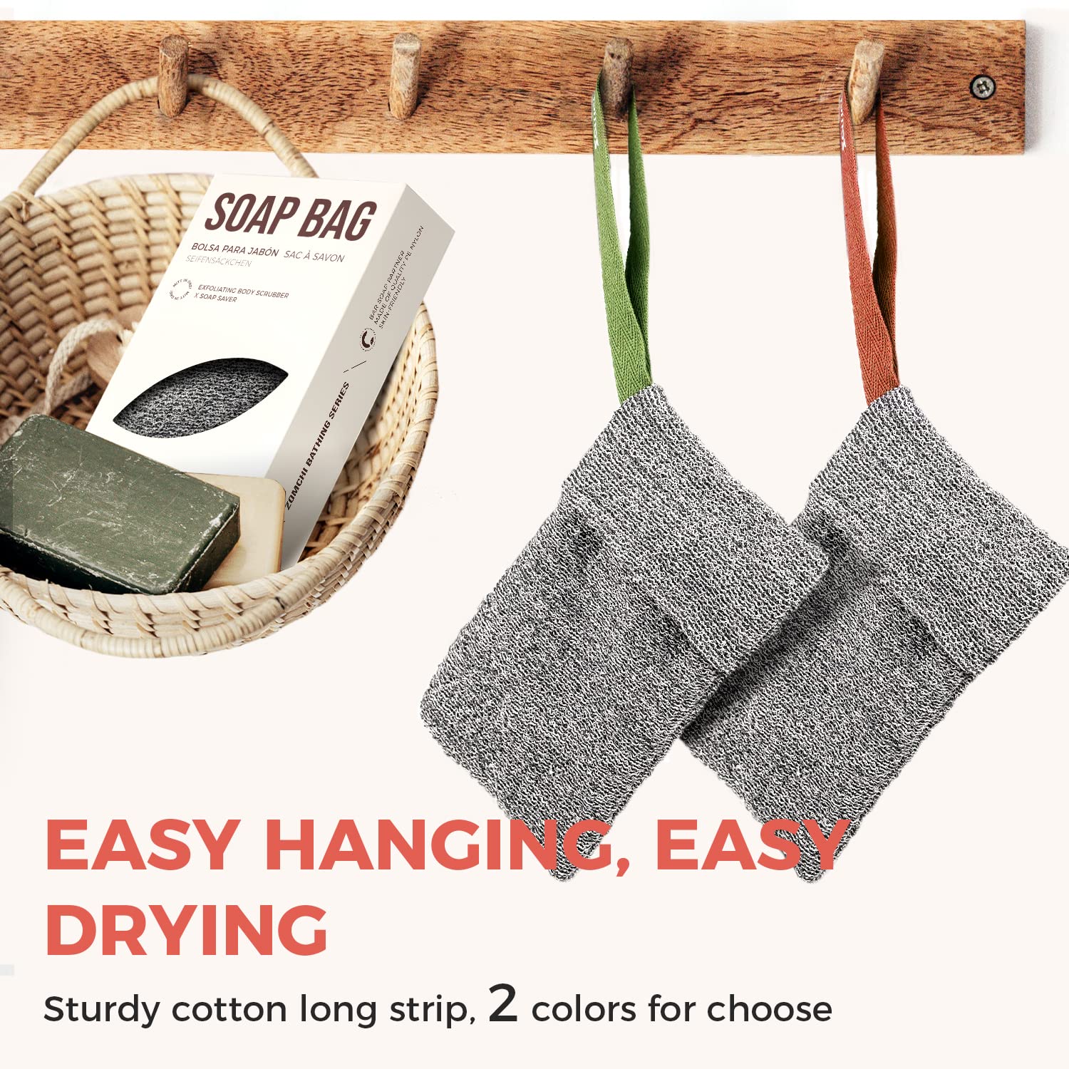 ZOMCHI Soap Saver Bags for Bar Soap, 2 Pack, Deep Texture Grey | Nylon Mesh Helps Create Rich Lather, Hanging Loop, Quick Drying Design, Roomy Pouch For Bath And Shower Routines