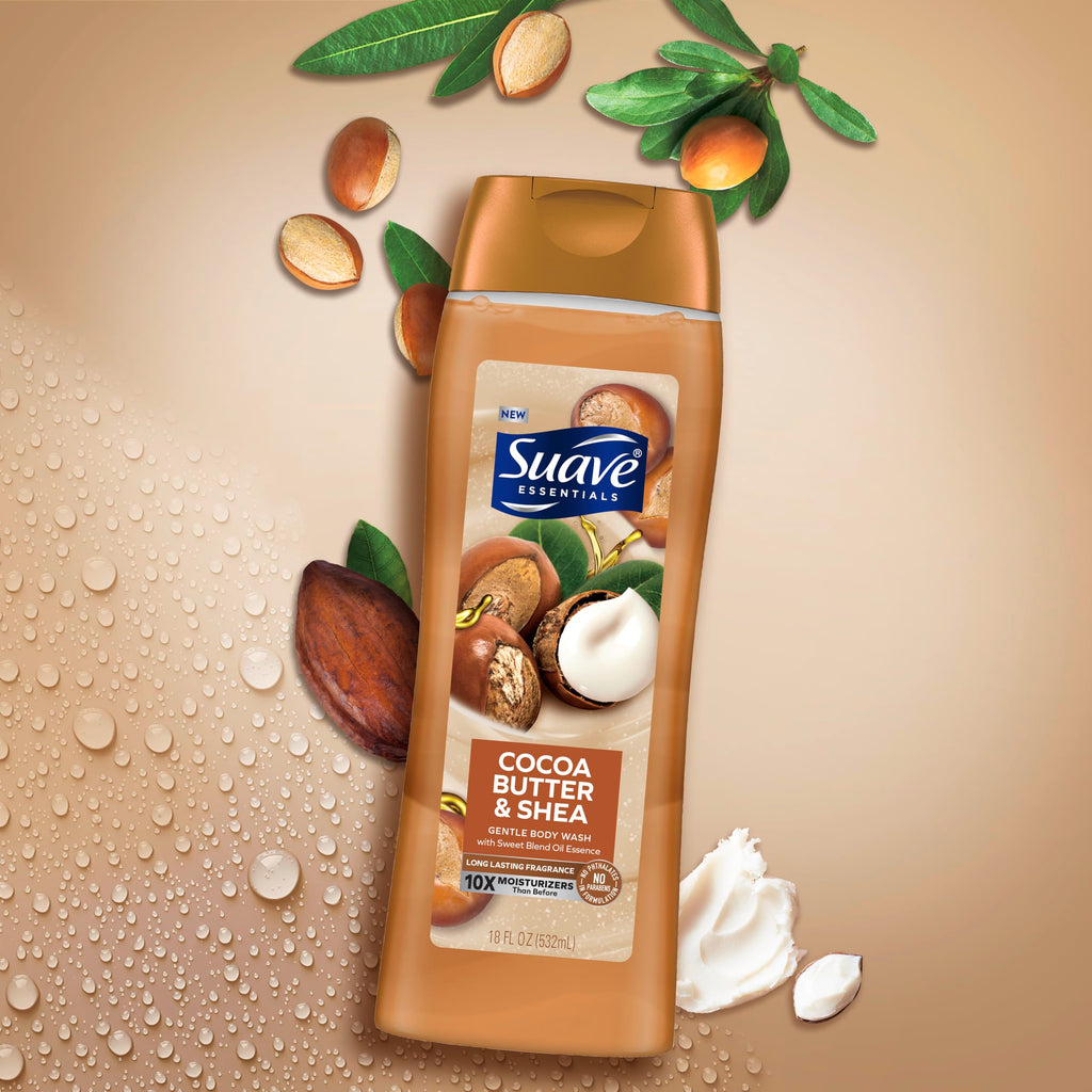 Suave Moisturizing Body Wash, Cocoa Butter and Shea with Vitamin E Extract, No Parabens, No Phtahaltes, 18 Oz (Pack of 12)