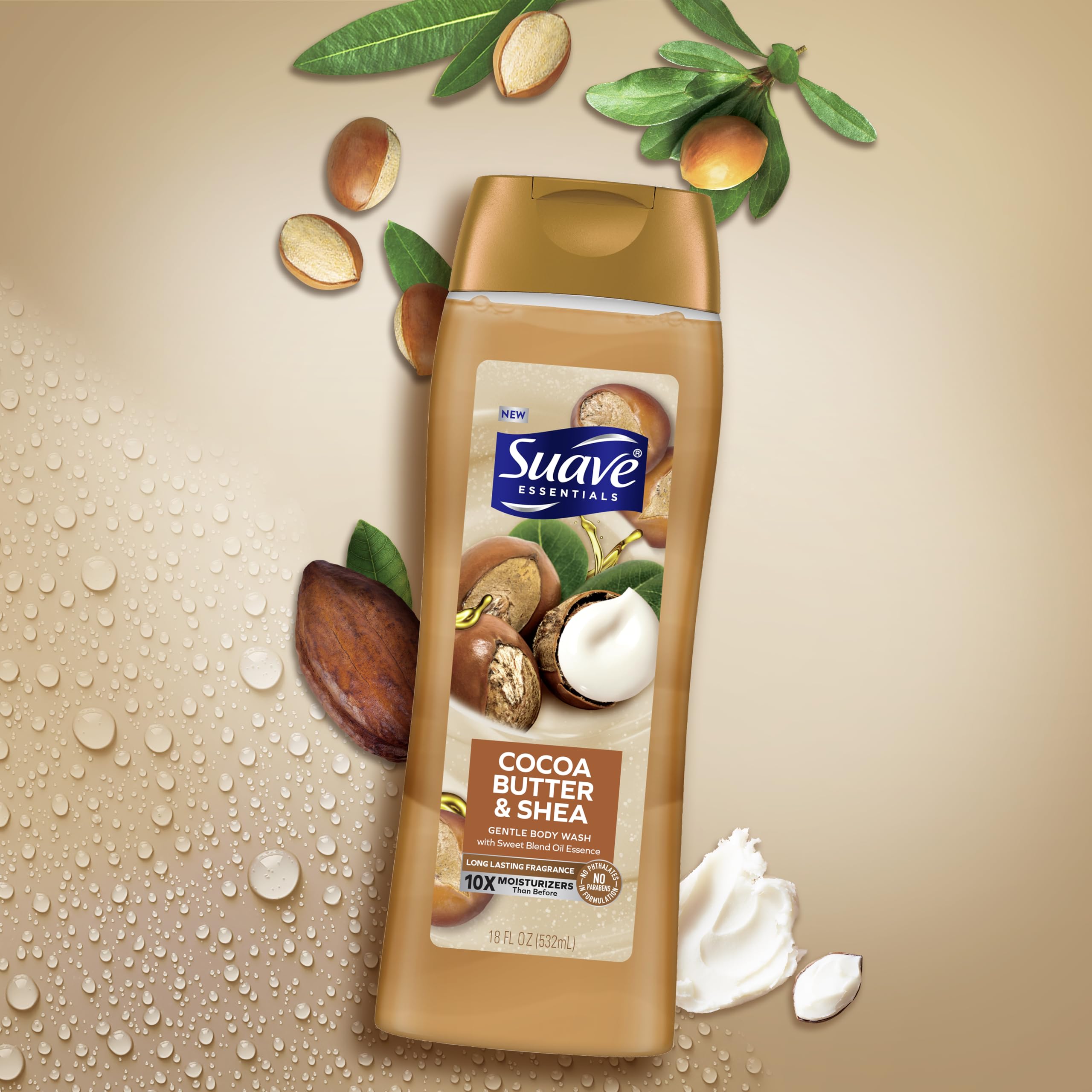 Suave Moisturizing Body Wash, Cocoa Butter and Shea with Vitamin E Extract, No Parabens, No Phtahaltes, 18 Oz (Pack of 12)