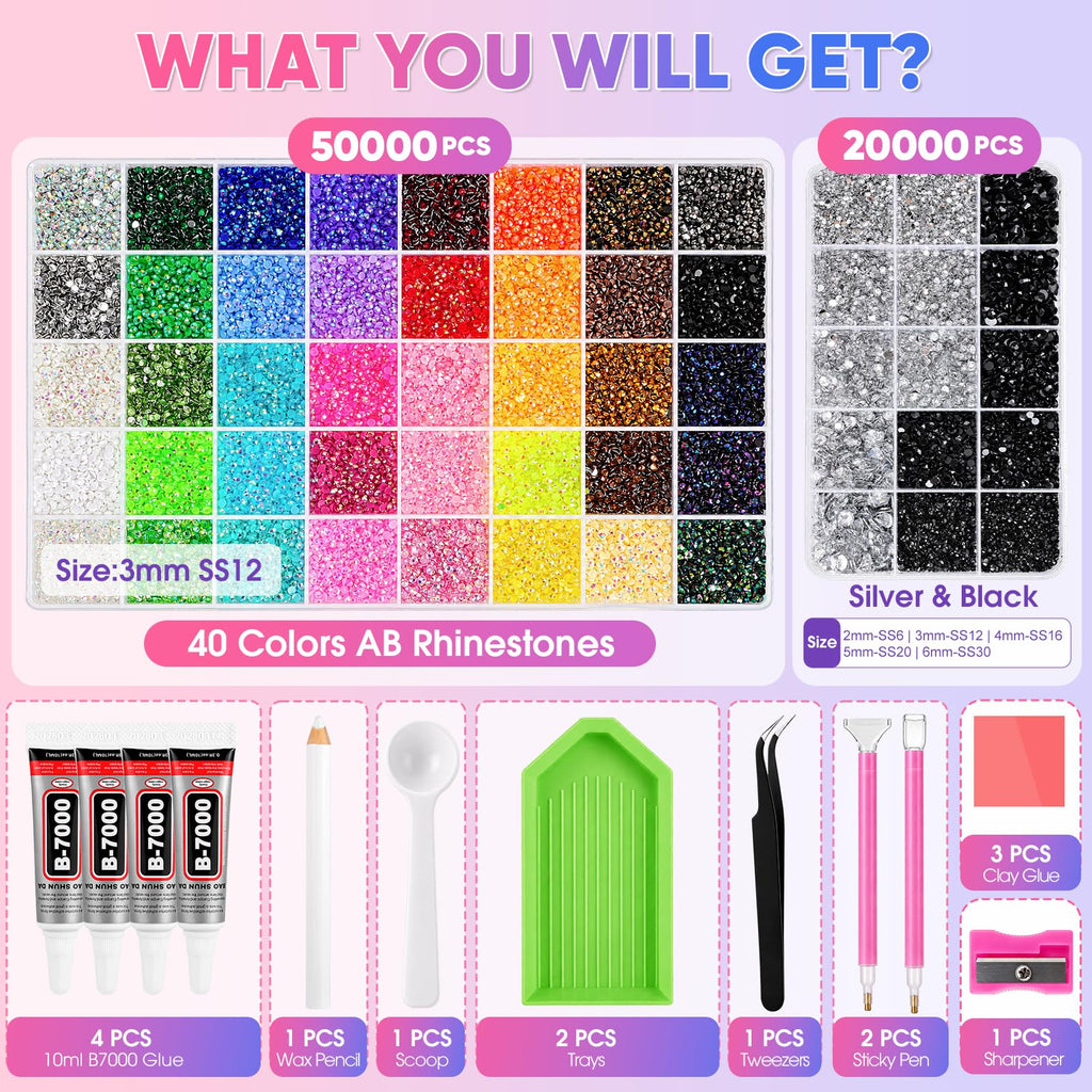 70000Pcs Bedazzling Kit 2 Boxes with Rhinestones for Bedazzling, DIY Crafts