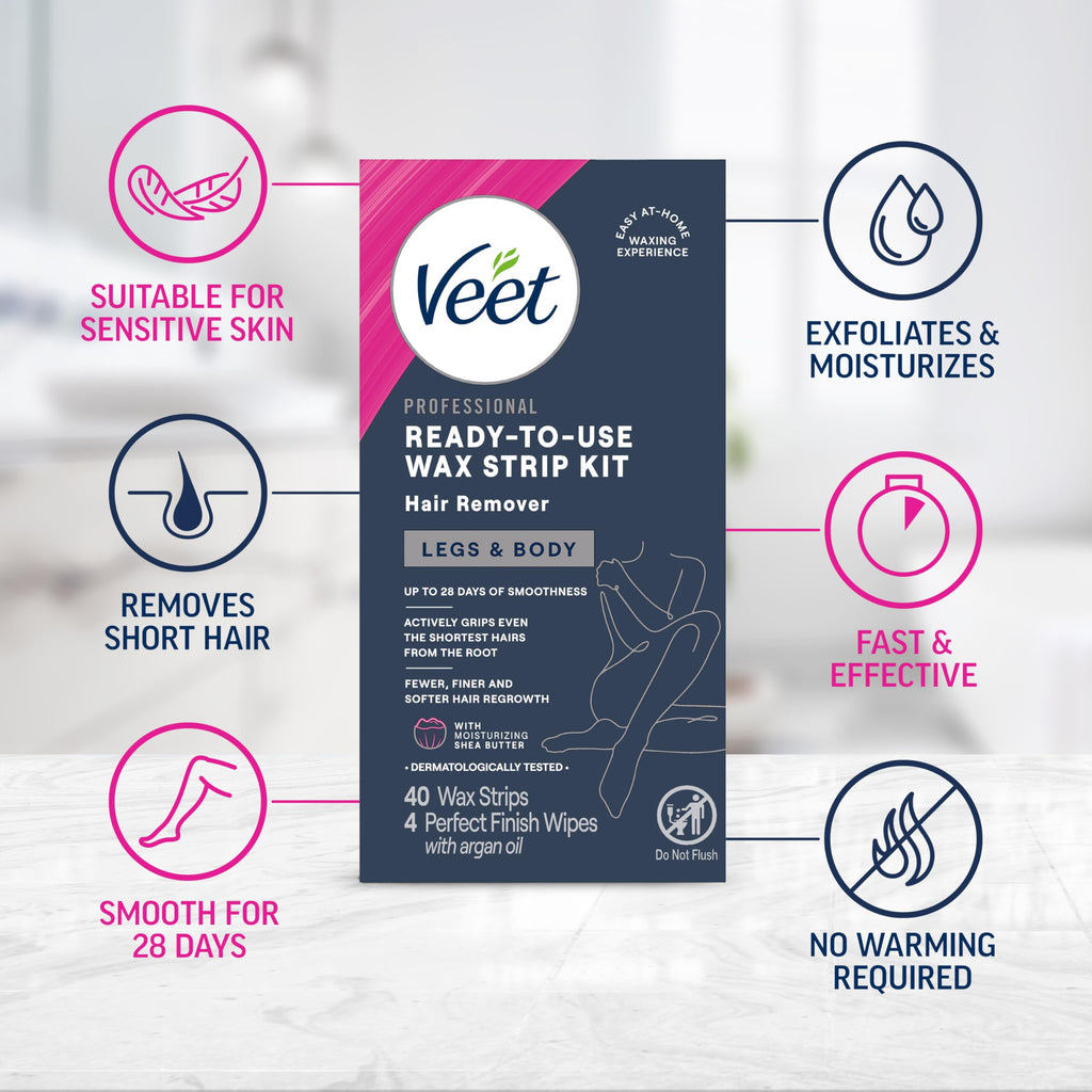 VEET Ready-To-Use Waxing Kit For Women | Wax Strips For Body Hair Removal, Wax Kit For Ingrown Hair Treatment, Personal Care Product, Hair Remover | 40ct Waxing Strips, 4ct Body Wipes