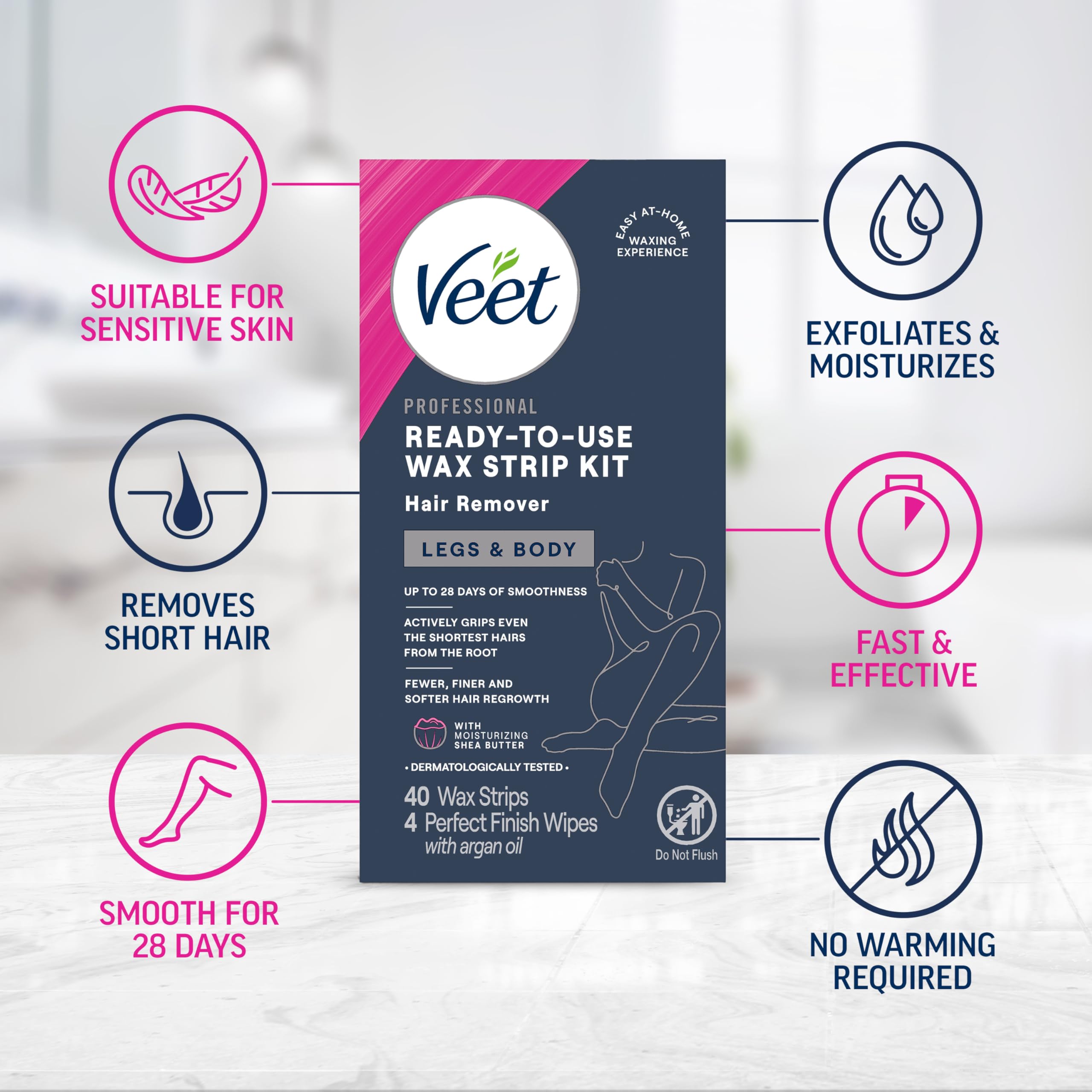 VEET Ready-To-Use Waxing Kit For Women | Wax Strips For Body Hair Removal, Wax Kit For Ingrown Hair Treatment, Personal Care Product, Hair Remover | 40ct Waxing Strips, 4ct Body Wipes