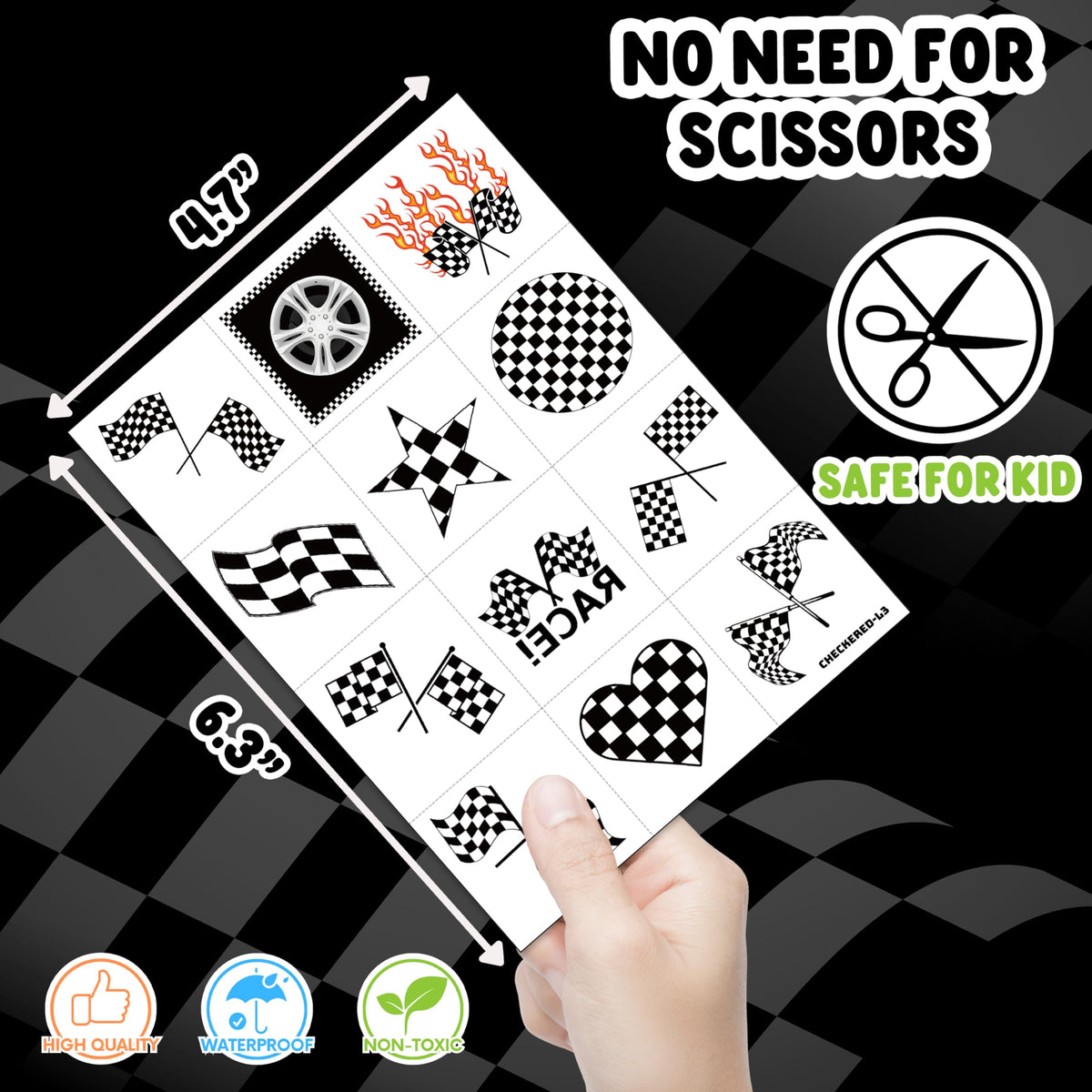 60 PCS Funny Race Car Checkered Flag Pre-Cut Temporary Tattoos
