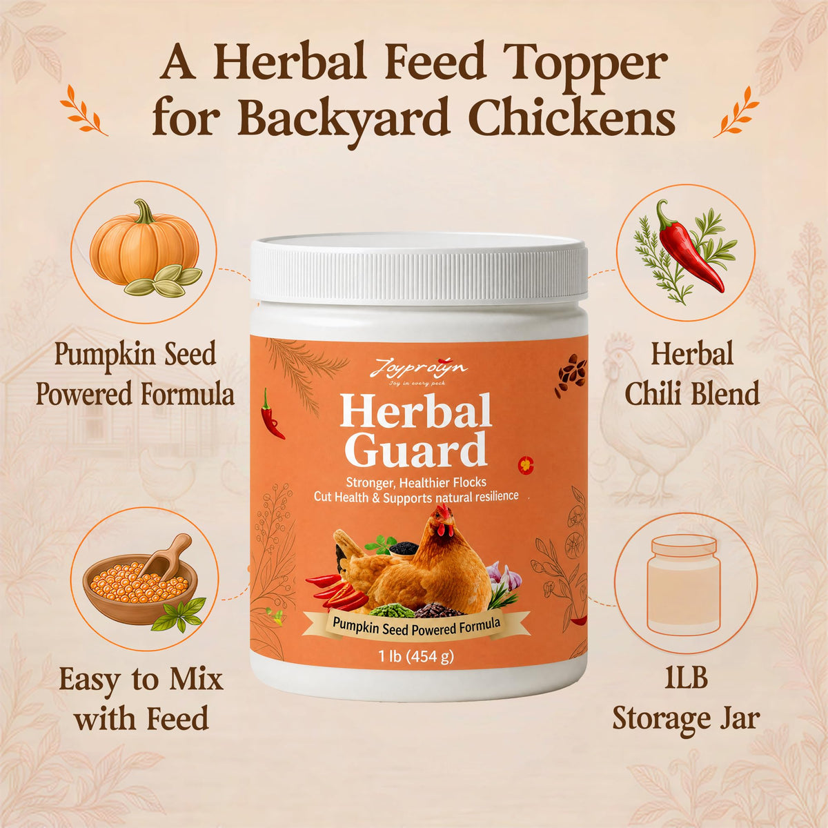 1 lb Chicken Dewormer Powder Chili Mix with Flock Care & Armor Support, Natural Poultry Supplement for Chickens, Chicken Wormer Feed Additive with Chili Pepper & Herb, for Laying Hens & Duck