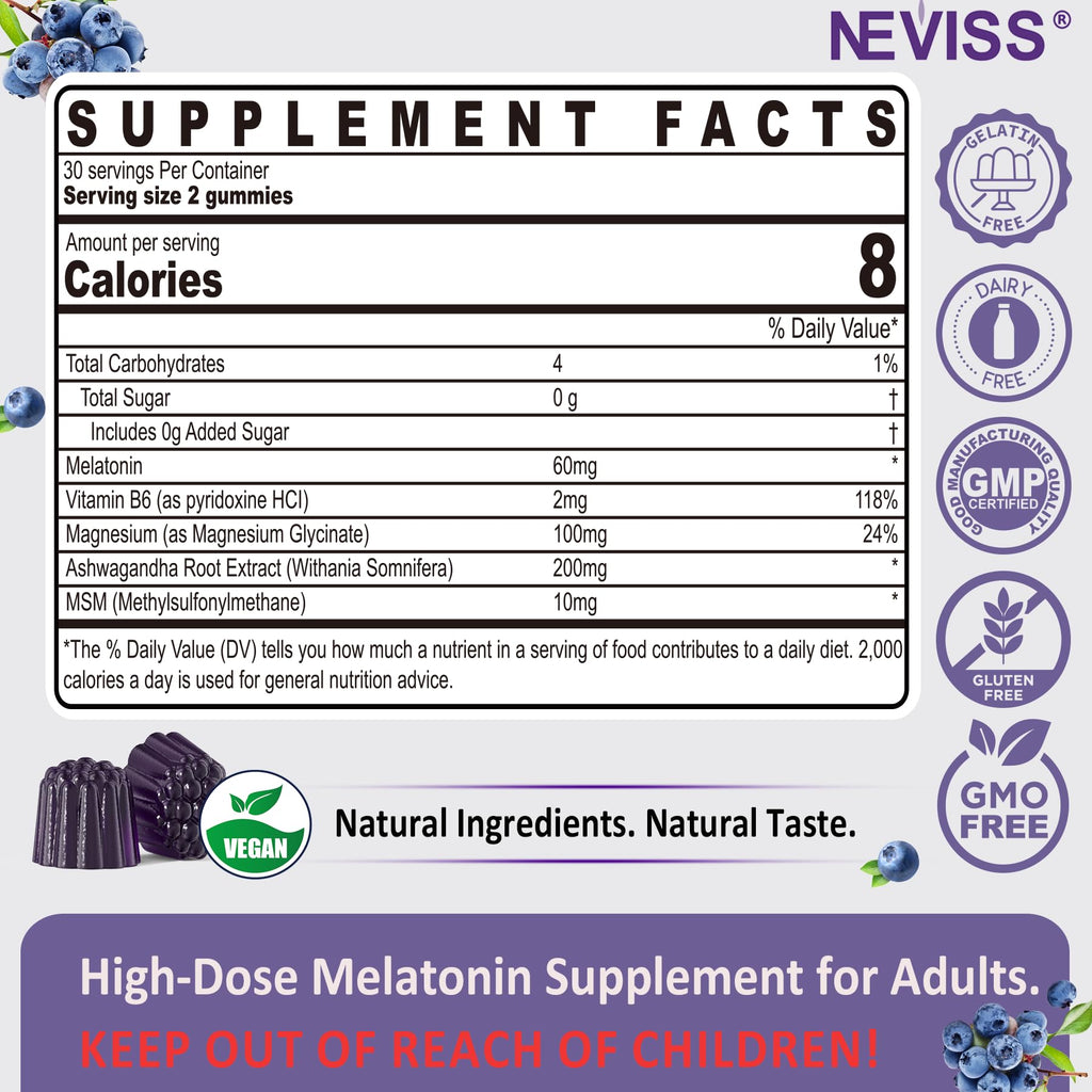 Melatonin Gummies 60mg 30mg for 50+Adults, High Dose, Extra Strength, 120Ct | With Magnesium Glycinate, Vitamin B6, Ashwagandha & MSM, Non-Habit Forming, Sugar Free, Vegan, Blueberry Flavor