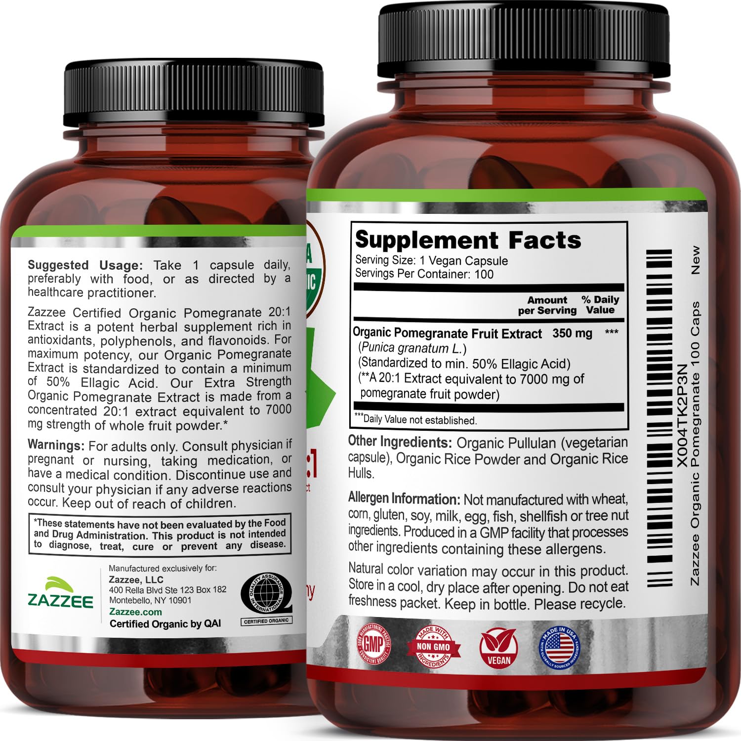 Zazzee USDA Organic Pomegranate 20:1 Extract, 50% Ellagic Acid 100 Capsules | Vegan, 3+ Month Supply, Punica Granatum, Antioxidant, Immune & Polyphenol Support, All-Natural, Non-GMO, Made in the USA