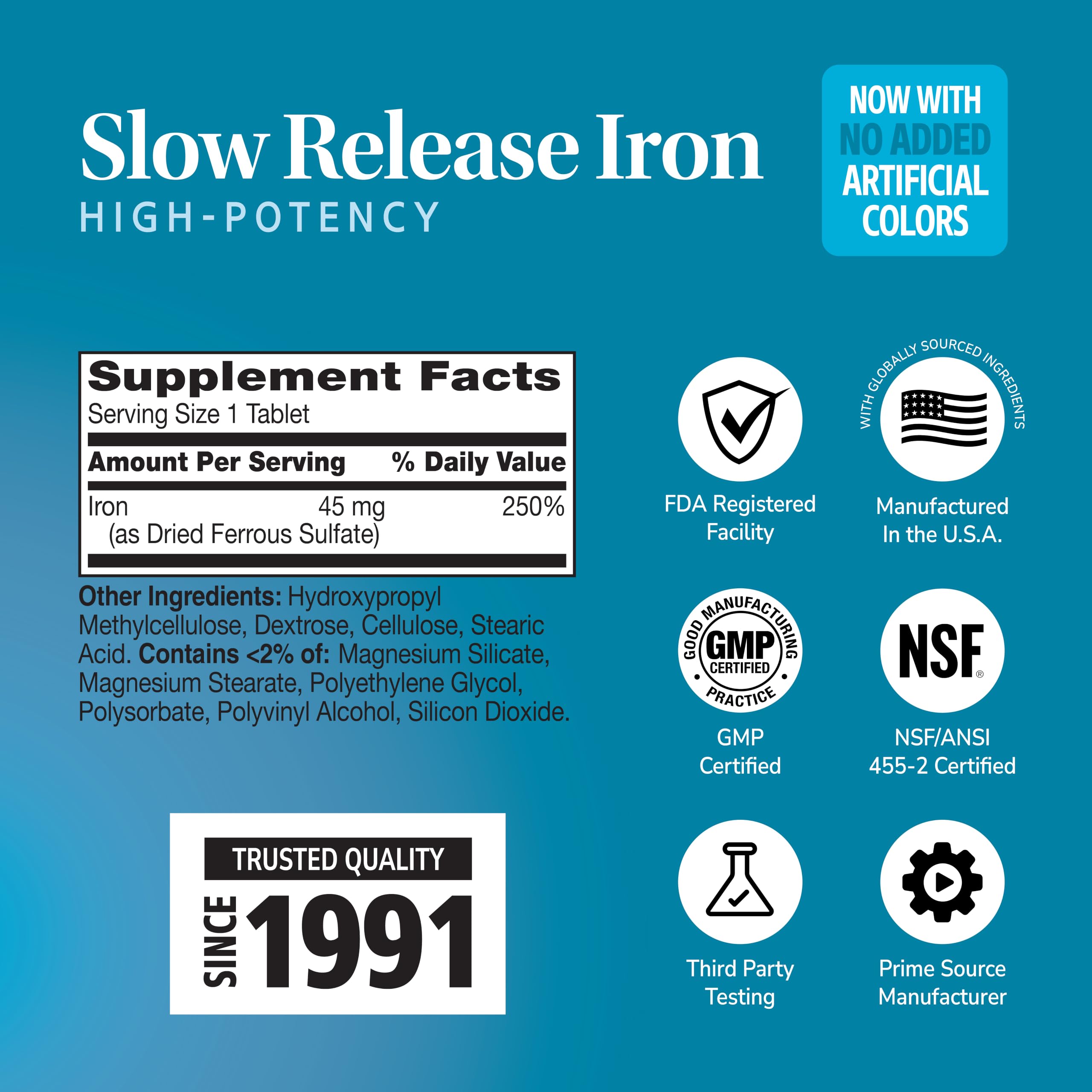 21st Century Slow Release Iron 45mg Tablets, Gentle on Stomach, 60 Count | High-Potency Ferrous Sulfate, Compare VS. Slow FE® & Healthy Red Blood Cells, Gluten Free, No Added Yeast, For Women & Men