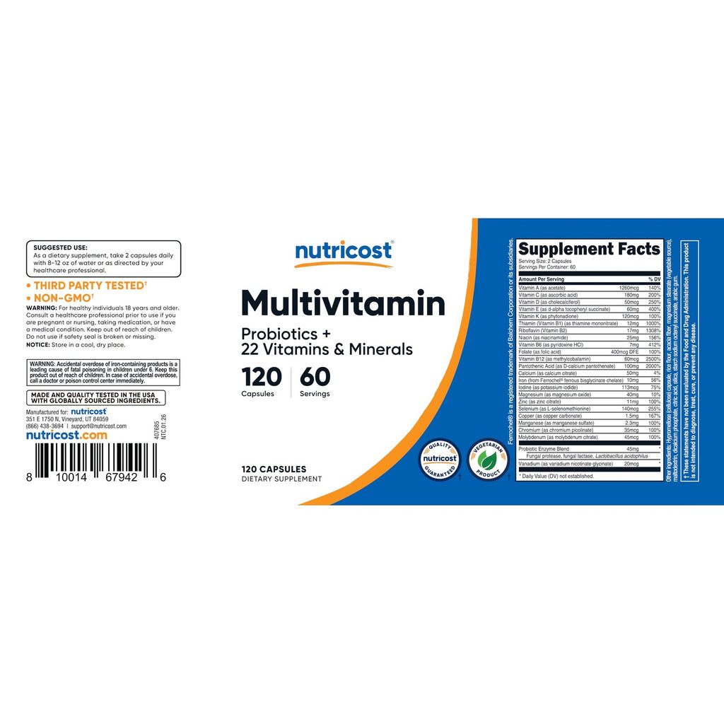 Nutricost Multivitamin with Probiotics 120 Vegetarian Capsules | Packed With Vitamins & Minerals