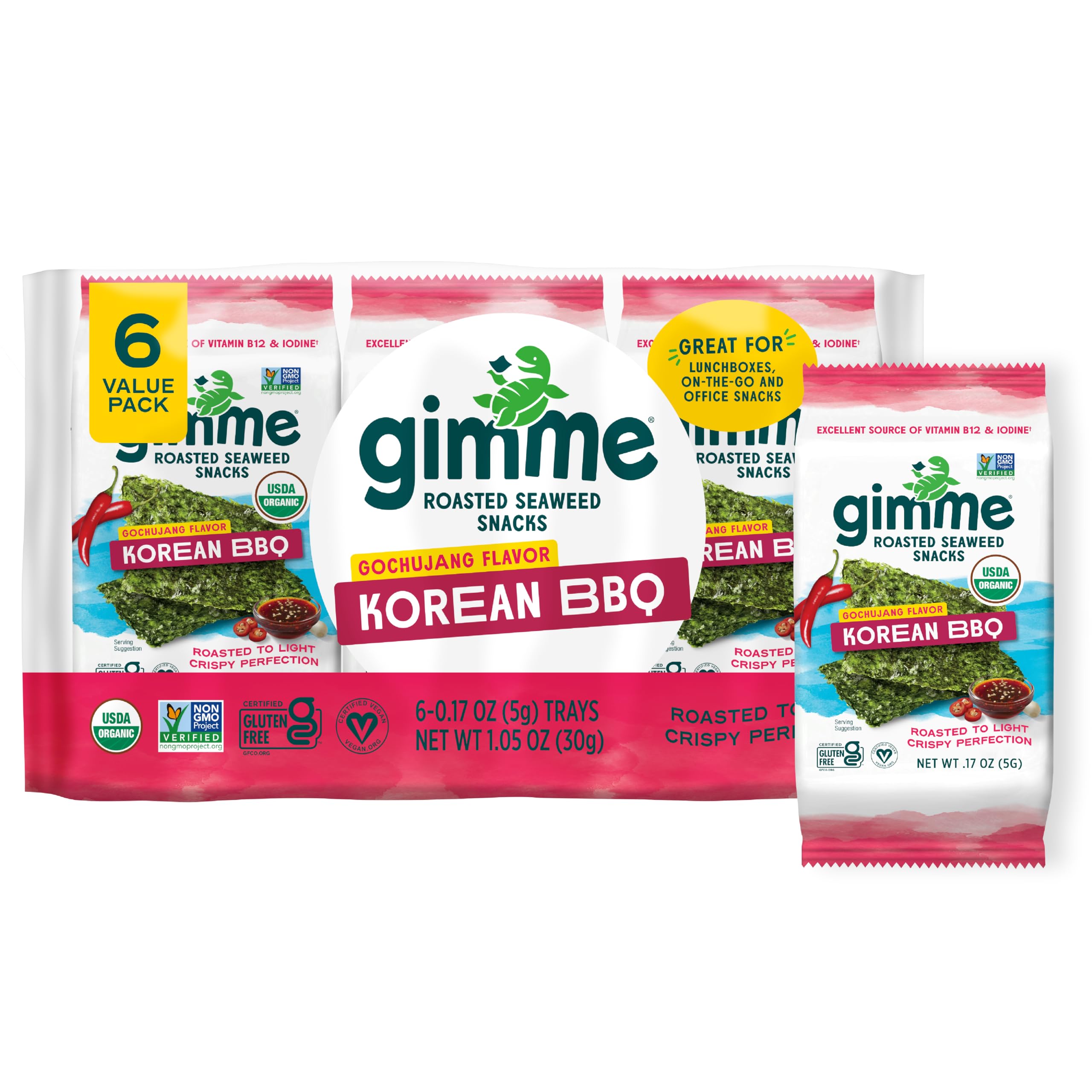 Buy now Gimme Seaweed Organic Premium Roasted Seaweed Snacks, Sea Salt, 6 Count, Keto, Vegan, Gluten-Free, Great Source of Omega3s and Iodine, Healthy On-The-Go Snack for Kids and Adults 6 Count (Pack of 1) #6 Korean BBQ at indiglob india