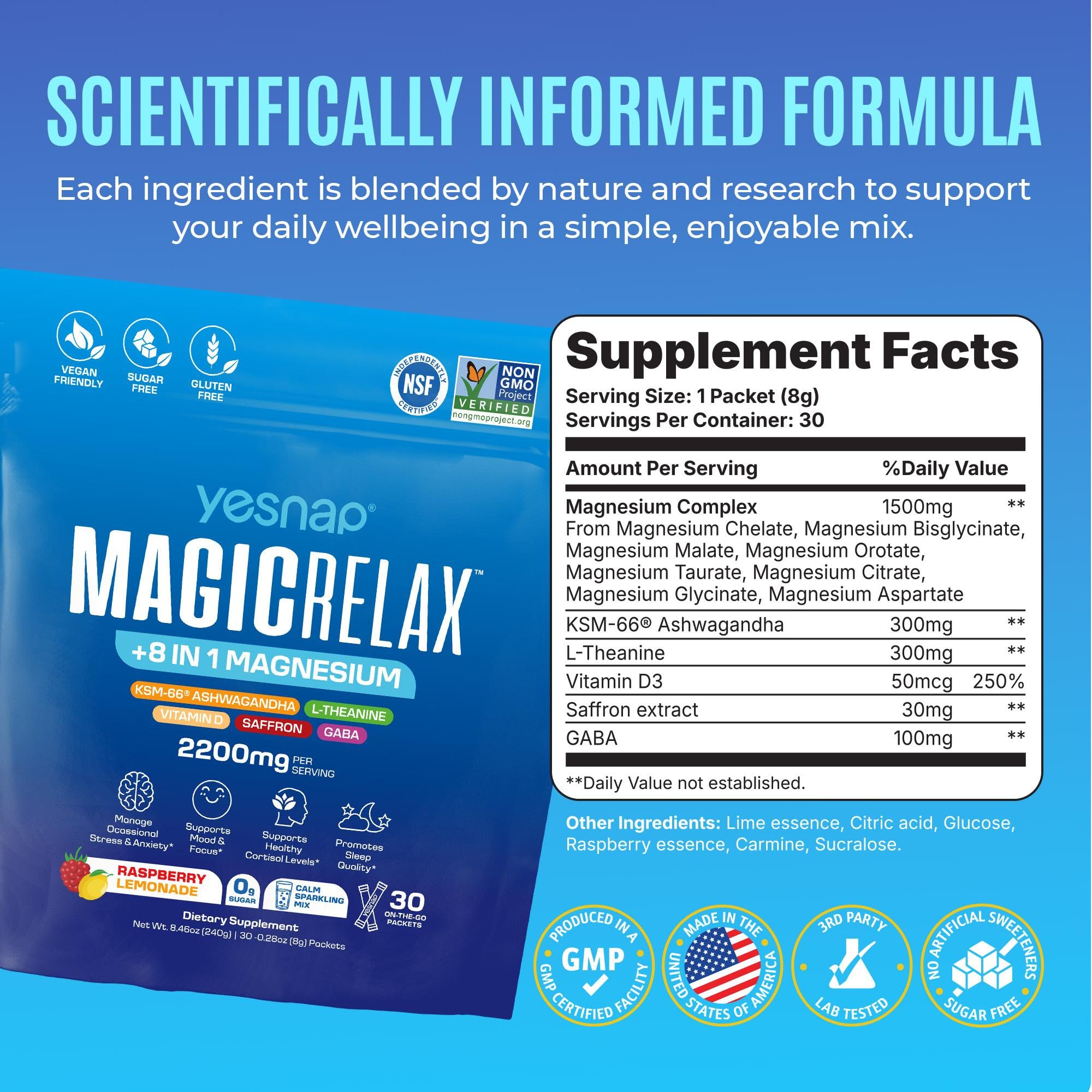 MAGICRELAX 8-in-1 Magnesium Glycinate Calm Powder Drink Mix Cortisol Reducer Supplement for Stress Mood & Sleep aid with KSM-66 Ashwagandha Saffron GABA L-Theanine Sugar Free Raspberry Lemon