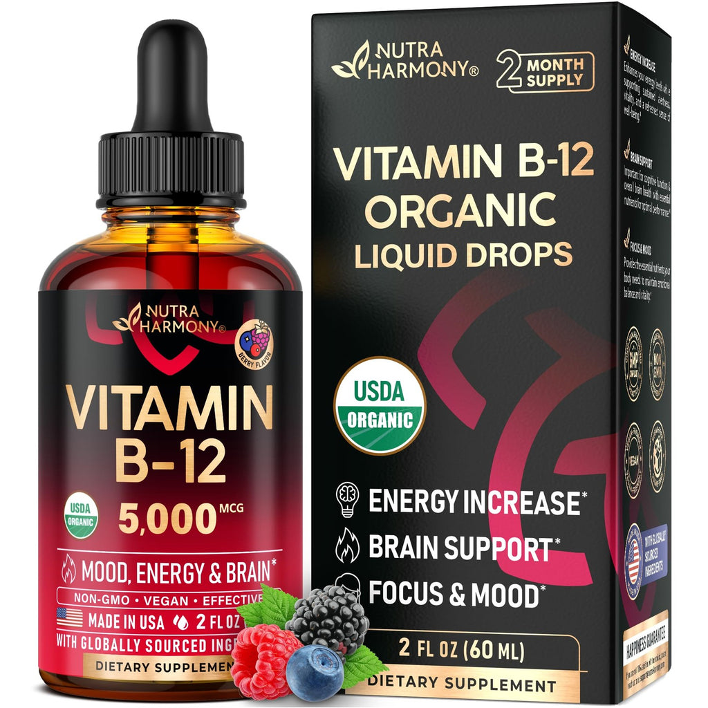 USDA Organic Vitamin B12 Sublingual Drops - Methylcobalamin 5000 mcg - 2 Oz | Vitamin B12 for Women & Men - Energy Boost, Focus & Brain Support - Bioavailable - Berry Flavor, Sugar-Free - 60-Day Supply