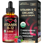 USDA Organic Vitamin B12 Sublingual Drops - Methylcobalamin 5000 mcg - 2 Oz | Vitamin B12 for Women & Men - Energy Boost, Focus & Brain Support - Bioavailable - Berry Flavor, Sugar-Free - 60-Day Supply