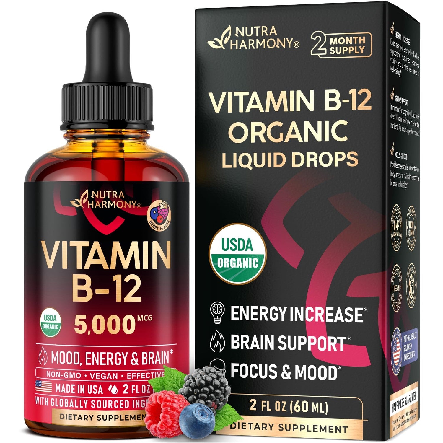 USDA Organic Vitamin B12 Sublingual Drops - Methylcobalamin 5000 mcg - 2 Oz | Vitamin B12 for Women & Men - Energy Boost, Focus & Brain Support - Bioavailable - Berry Flavor, Sugar-Free - 60-Day Supply