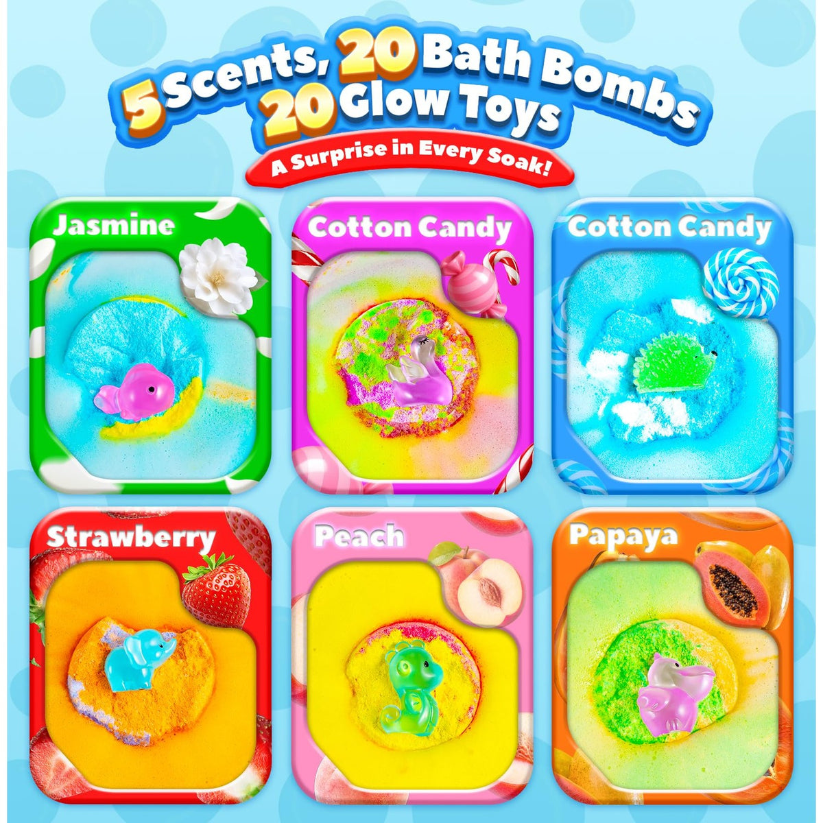 20 Pack Organic Bath Bombs for Kids with Glow-in-The-Dark Toys Inside