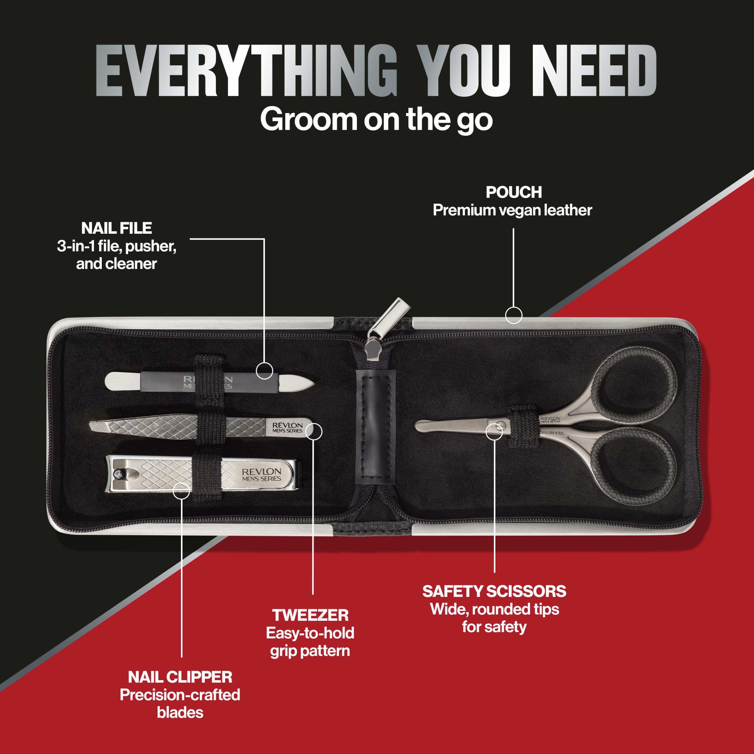 Buy now Revlon Men's Grooming Kit, 5-Piece Travel Essentials Set, Includes Nail Clippers, Scissors, File, Tweezers and Carrying Case, Stainless Steel, 1 count at indiglob india