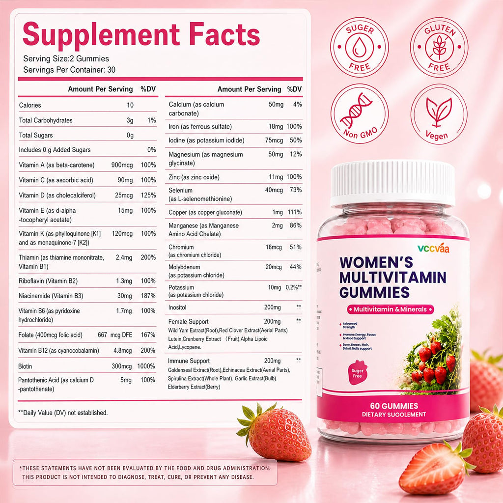 Sugar Free Multivitamin Gummies for Women 14+ with Iron, Inositol, Folate, Vitamins A C D3 E B12 K2, Herbal & Mineral Blend, Daily Vegan Gummy for Hair, Skin, Energy, Immune Support – 60 Count