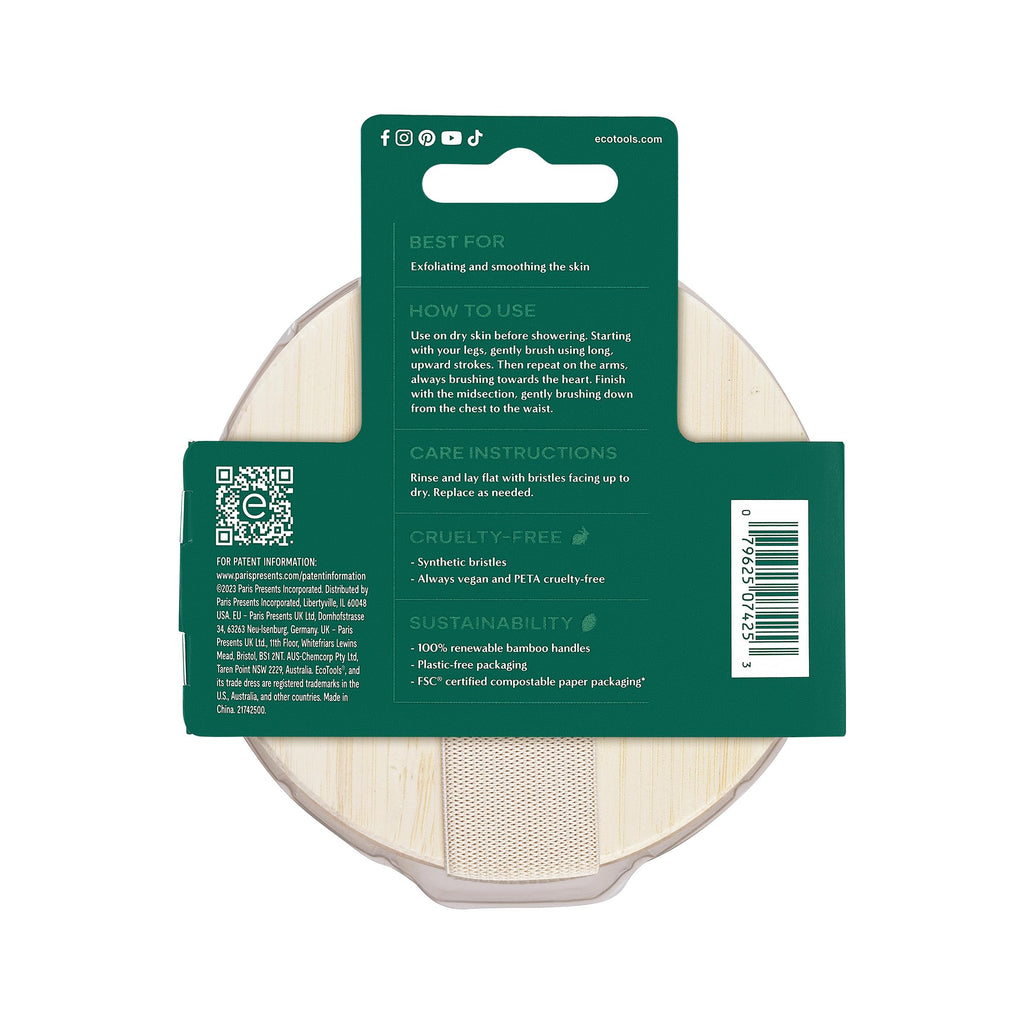 EcoTools Dry Body Brush for Dry Brushing, Smooth Skin, 1 Count | Soft, glowing skin, body scrub brush, leg exfoliator, travel size, bamboo handle