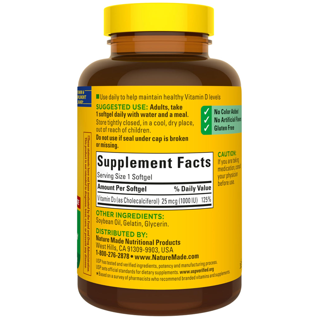 Nature Made Vitamin D3 1000 IU (25 mcg), 300 Vitamin D Softgels | Vitamin D Supplement for Immune, Bone, Teeth and Muscle Health Support, 300 Day Supply
