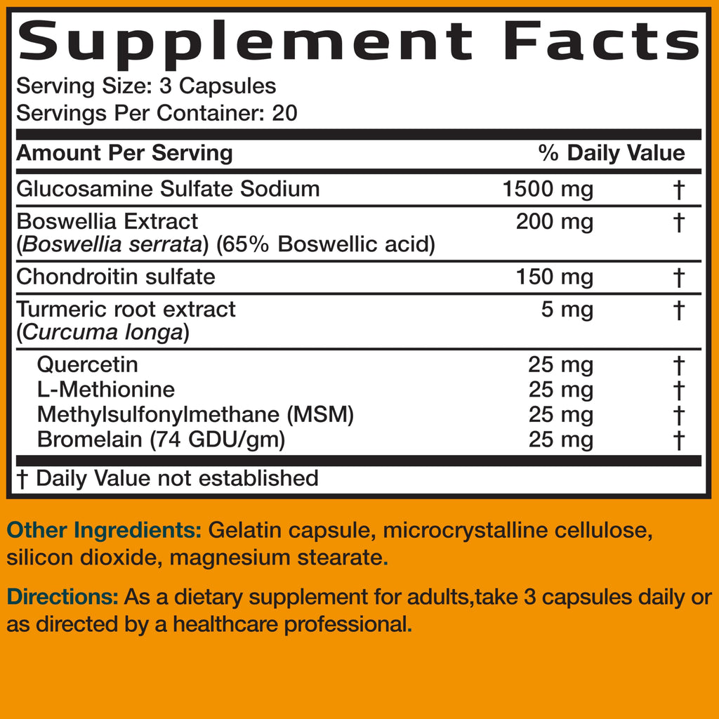 Bronson Glucosamine Chondroitin Turmeric & MSM Joint Support, 60 Capsules | Standardized Boswellia, Shellfish-Free Glucosamine, Mobility & Comfort Support, Non-GMO, Gluten-Free & Soy-Free