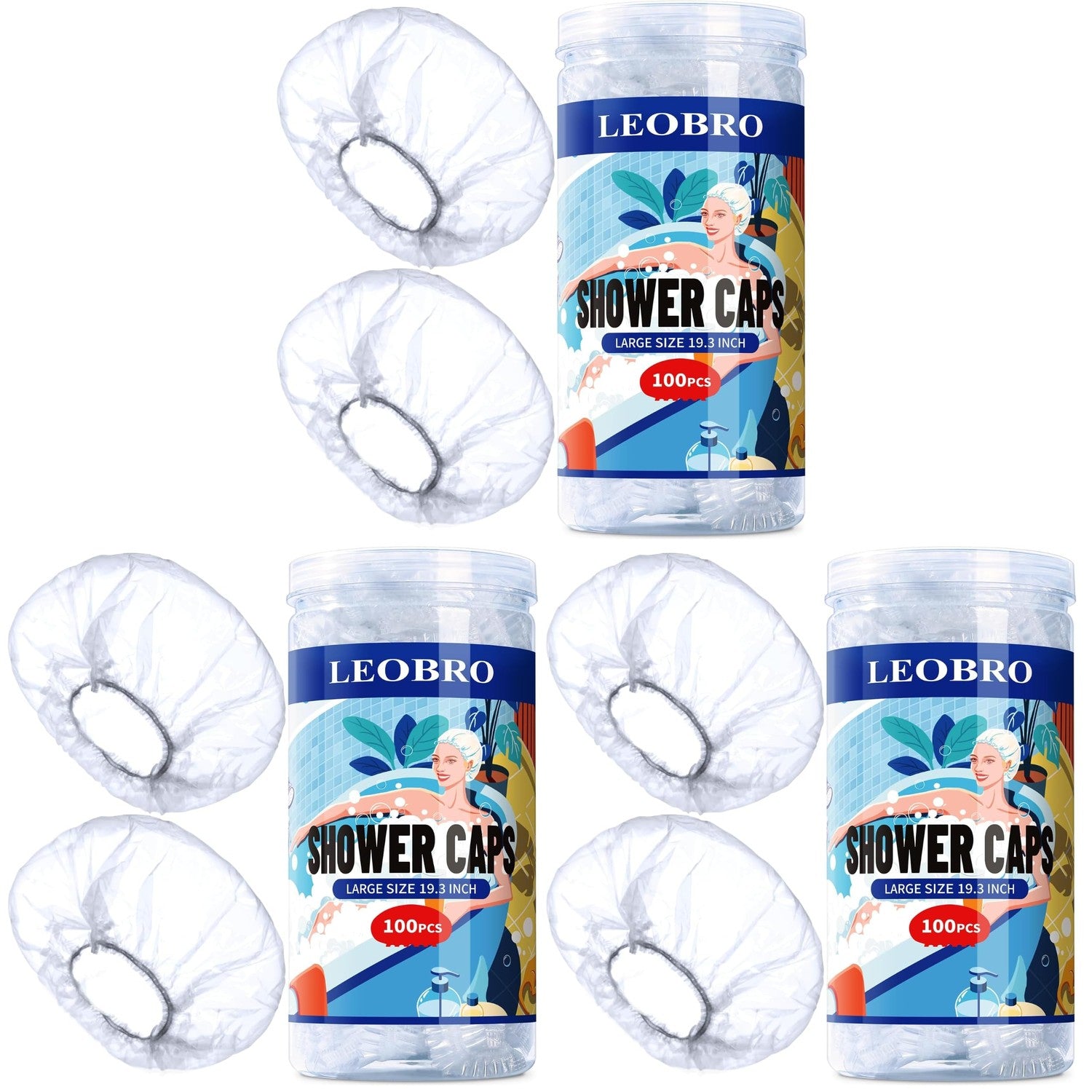 LEOBRO 100PCS Disposable Shower Caps, Shower Caps for Women Disposable, Clear Plastic Shower Cap, Plastic Hair Caps for Hair Treatment, Regular Size 17.3 INCH