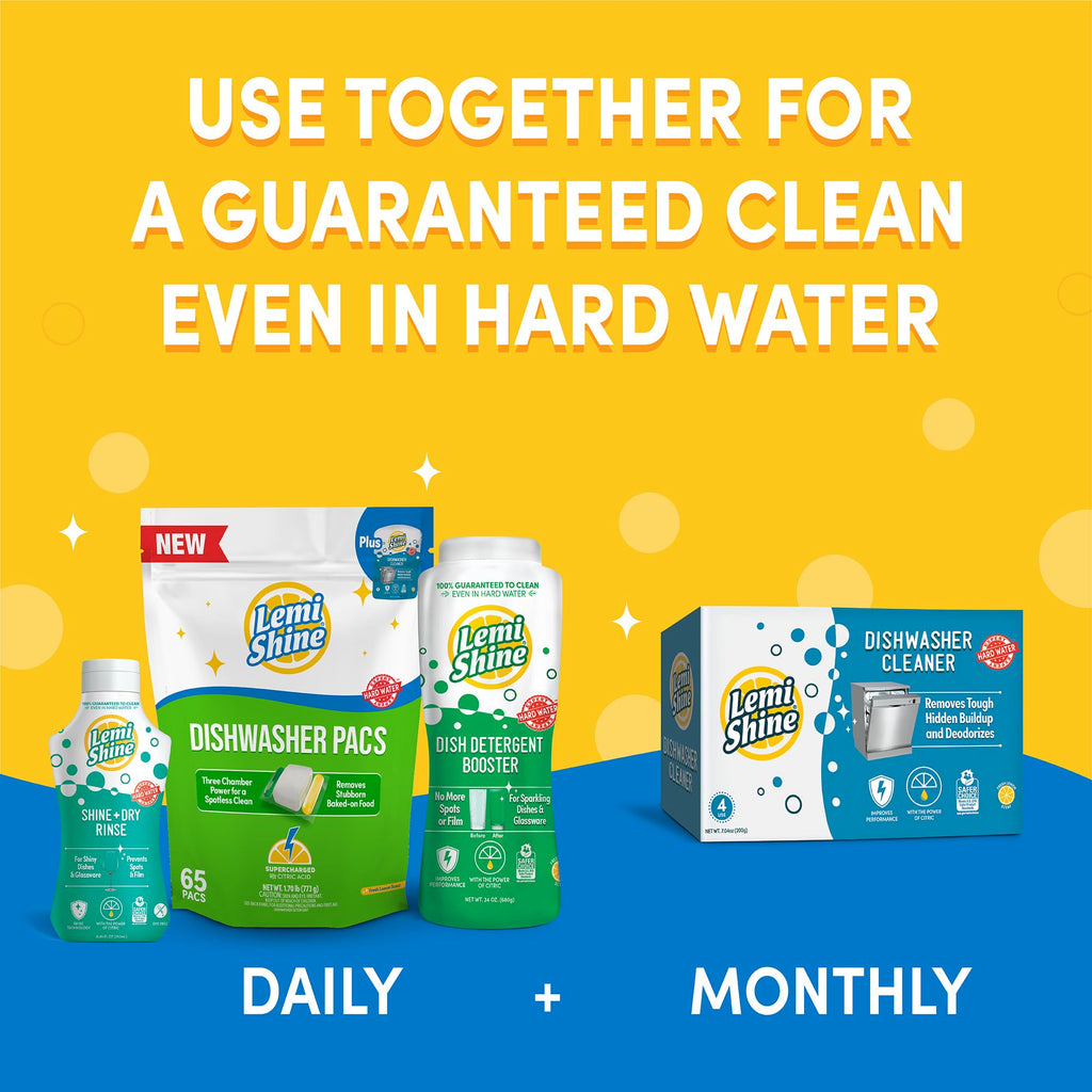 Lemi Shine Natural Dishwasher Detergent Pacs with Dishwasher Cleaner Pouch - Eco Friendly Cleaning Supplies - 31.8 oz (65 Count)