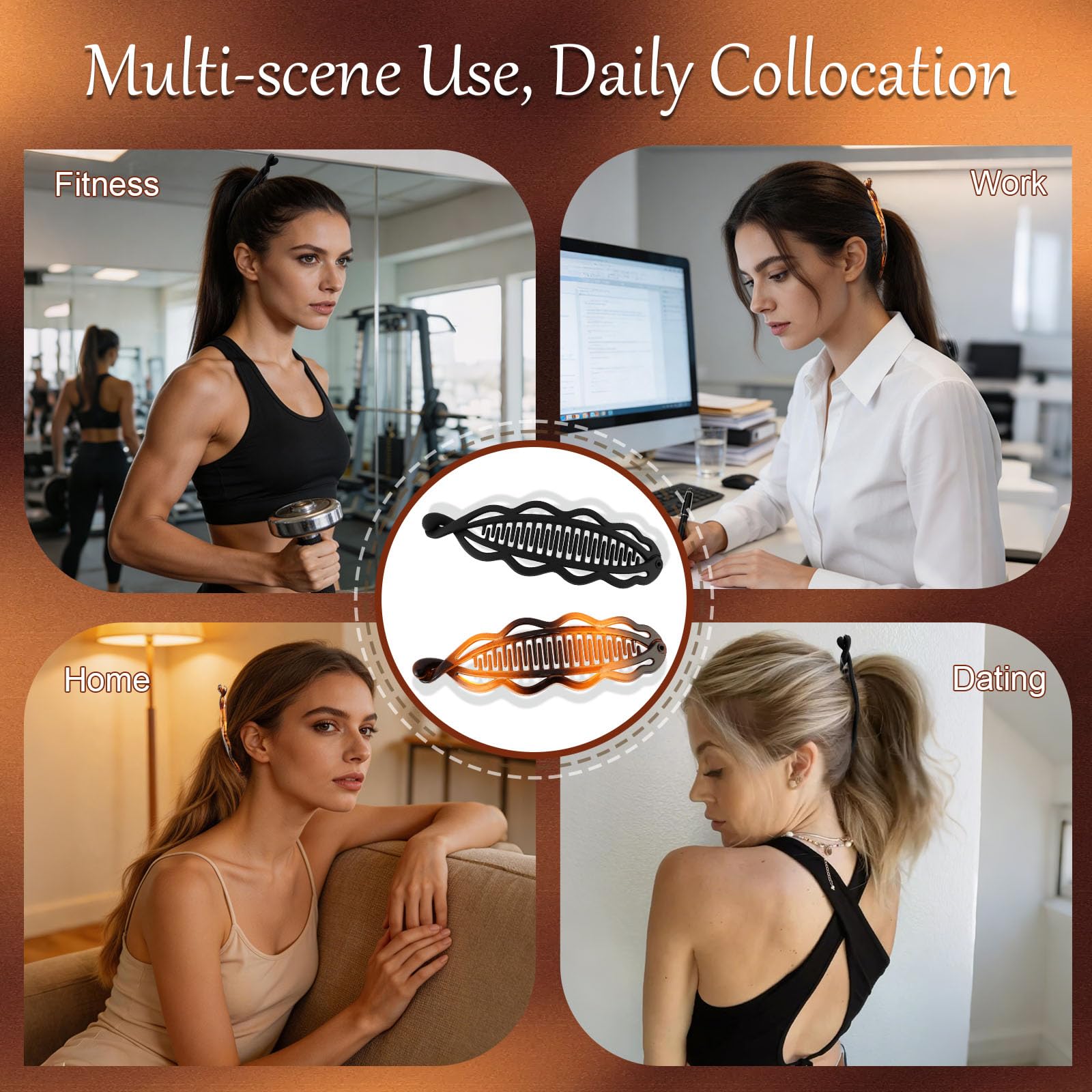 2pcs Large Banana Clip Hair Clips for Thick Hair, Matte Banana Hair Clip for Women Volumizing Hairstyles, Flat Lay Down Strong Hold Ponytail Bun Holder Accessories, Black Tortoise