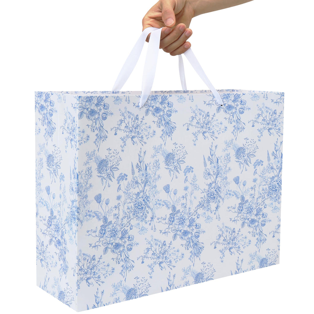 16.5" Extra Large Blue Floral Gift Bag Set with Handles, Greeting Card, White Tissue Papers and Stickers for Women Girls for Birthdays, Valentine's Day, Weddings, Anniversaries, Mother's Day, Flowers Design, 1 Pcs