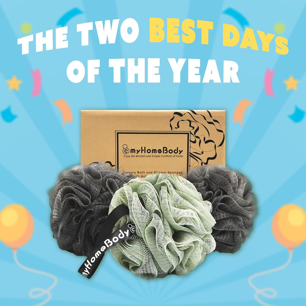 Buy now myHomeBody Large 70g Loofah Sponge, Bath Body Scrubber for Women, Men, Exfoliating Shower Pouf with Activated Charcoal - 2 Graphite Gray + 1 Sage Green, 3 Pack at indiglob india