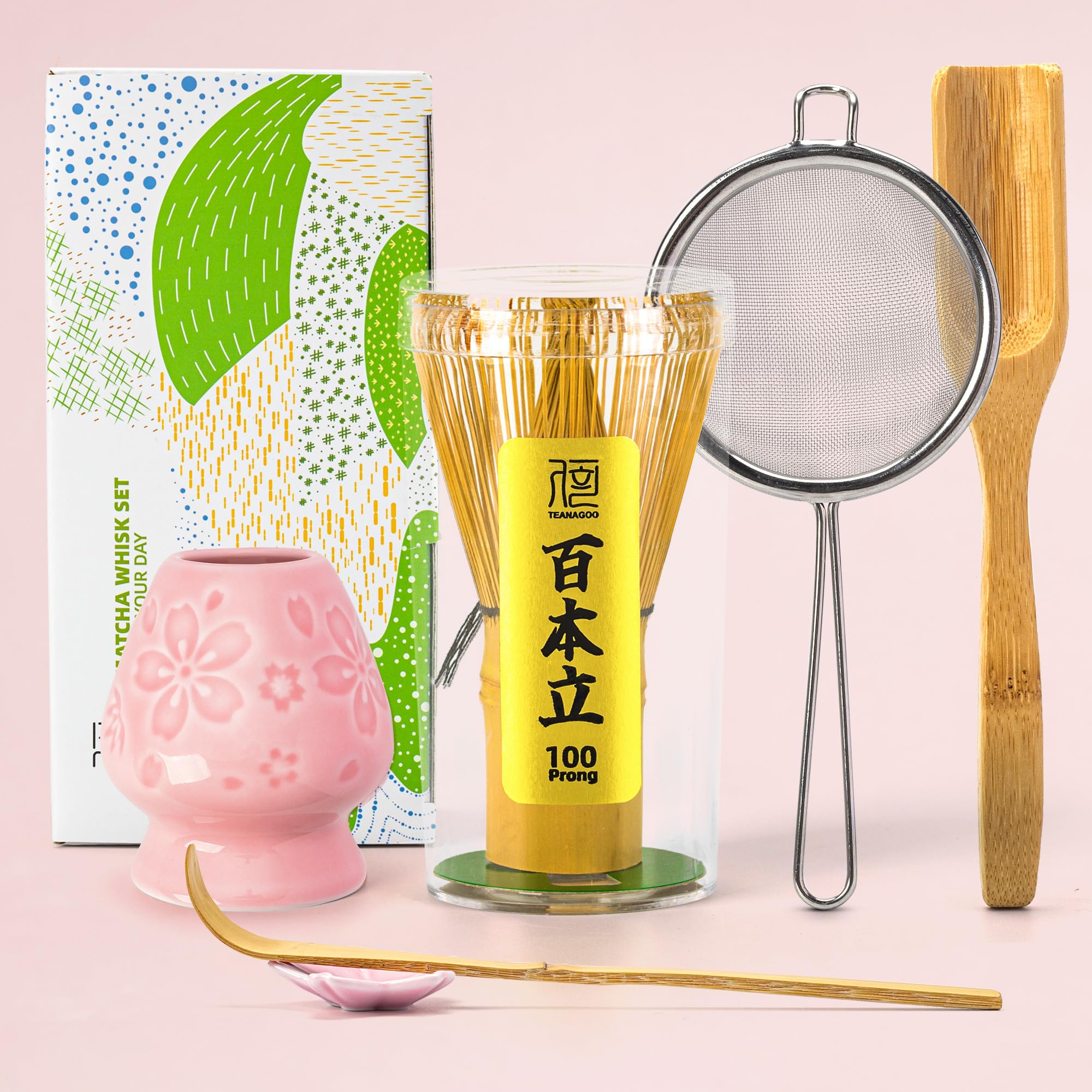 Buy now TEANAGOO MA-01 Japanese Matcha Ceremony Accessory, Matcha Whisk (Chasen), Traditional Scoop (Chashaku), Tea Spoon, Whisk Holder, The Perfect Set to Prepare a Traditional Cup of Matcha.… 6-PCS Pink Cherry Blossom-A at indiglob india