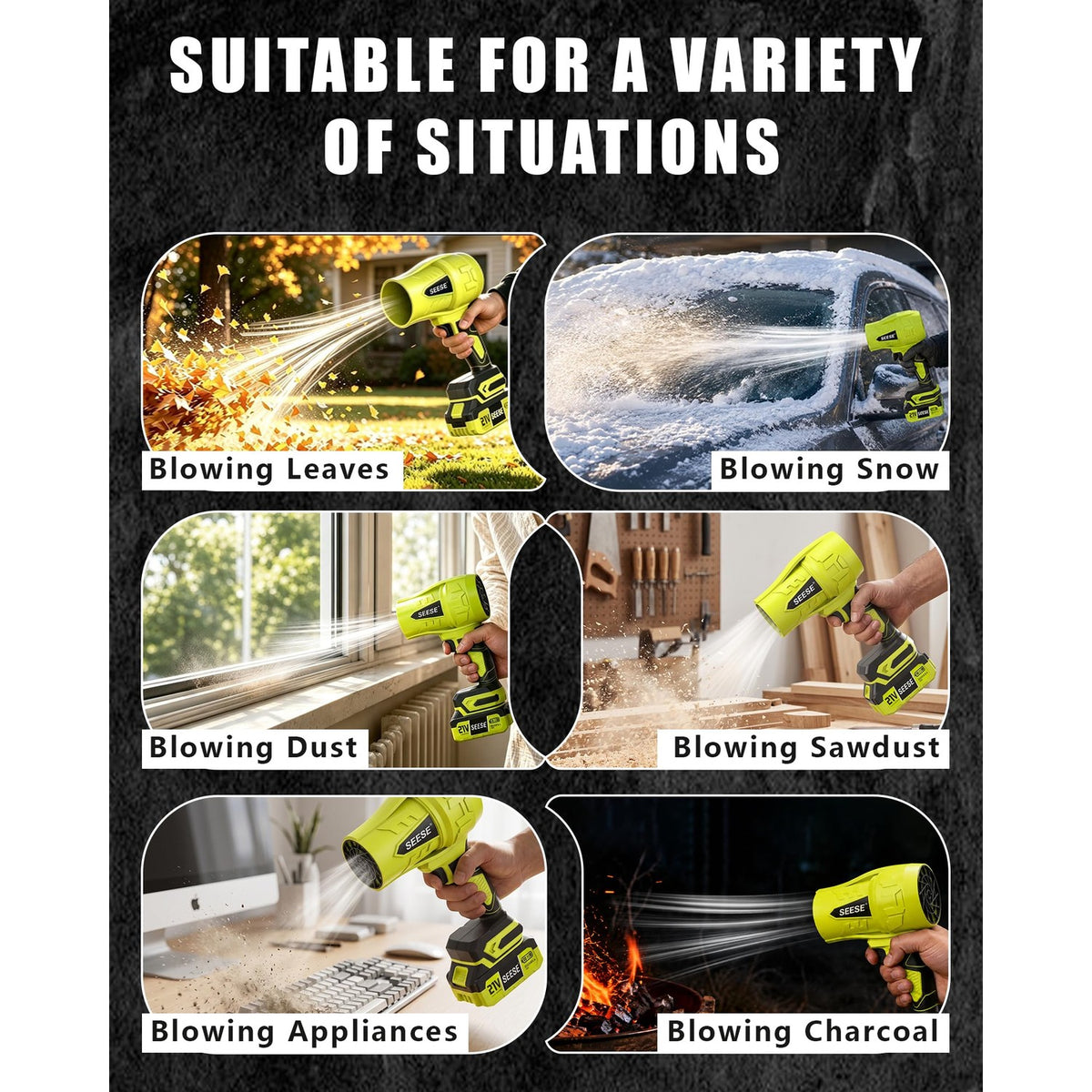 SEESE Turbo Cordless Leaf Blower, 600 CFM Turbo Jet, Lightweight Handheld Blower for Yard Leaves, Wood Shavings, Car Drying with 21V 4.0Ah Battery & Ergonomic Handle, Best Gifts for Husband, Men, Dad