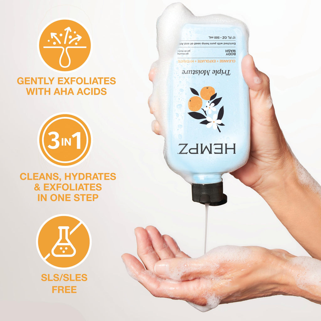 Hempz Triple Moisture Body Wash - Grapefruit & Peach - Hydrating for Sensitive Skin, Scented, Exfoliating with Shea Butter, Pure Hemp Seed Oil, and Algae for Sensitive Skin - 17 fl oz