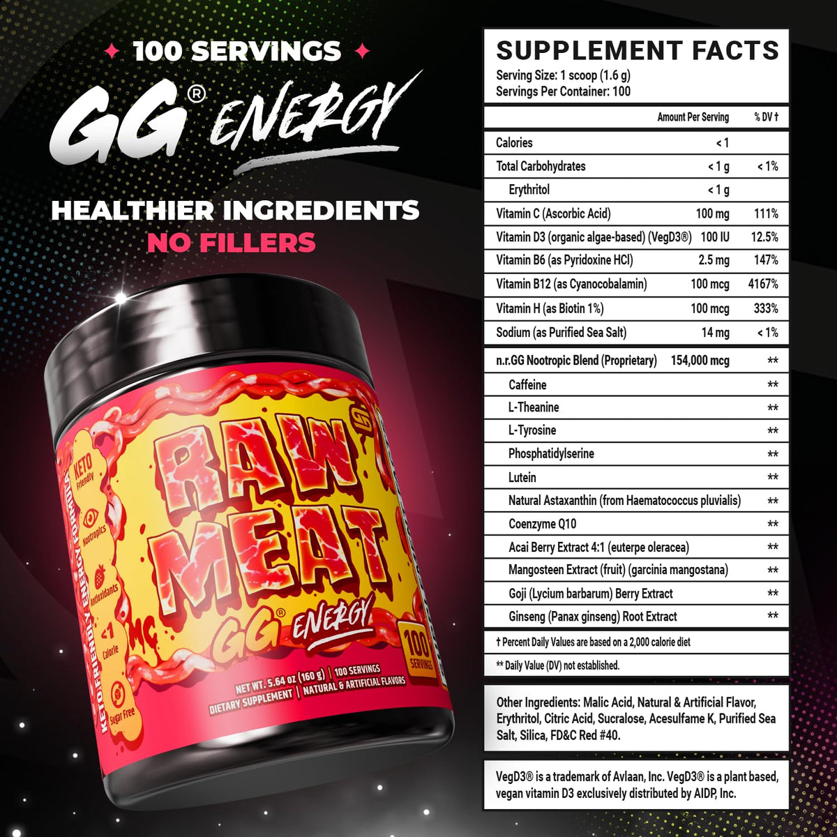 Gamer Supps GG Energy - Raw Meat by MeatCanyon (100 Servings) - Keto Friendly Gaming Energy and Nootropic Blend, Sugar Free + Caffeine + Vitamins + Immune Support, Powder Drink