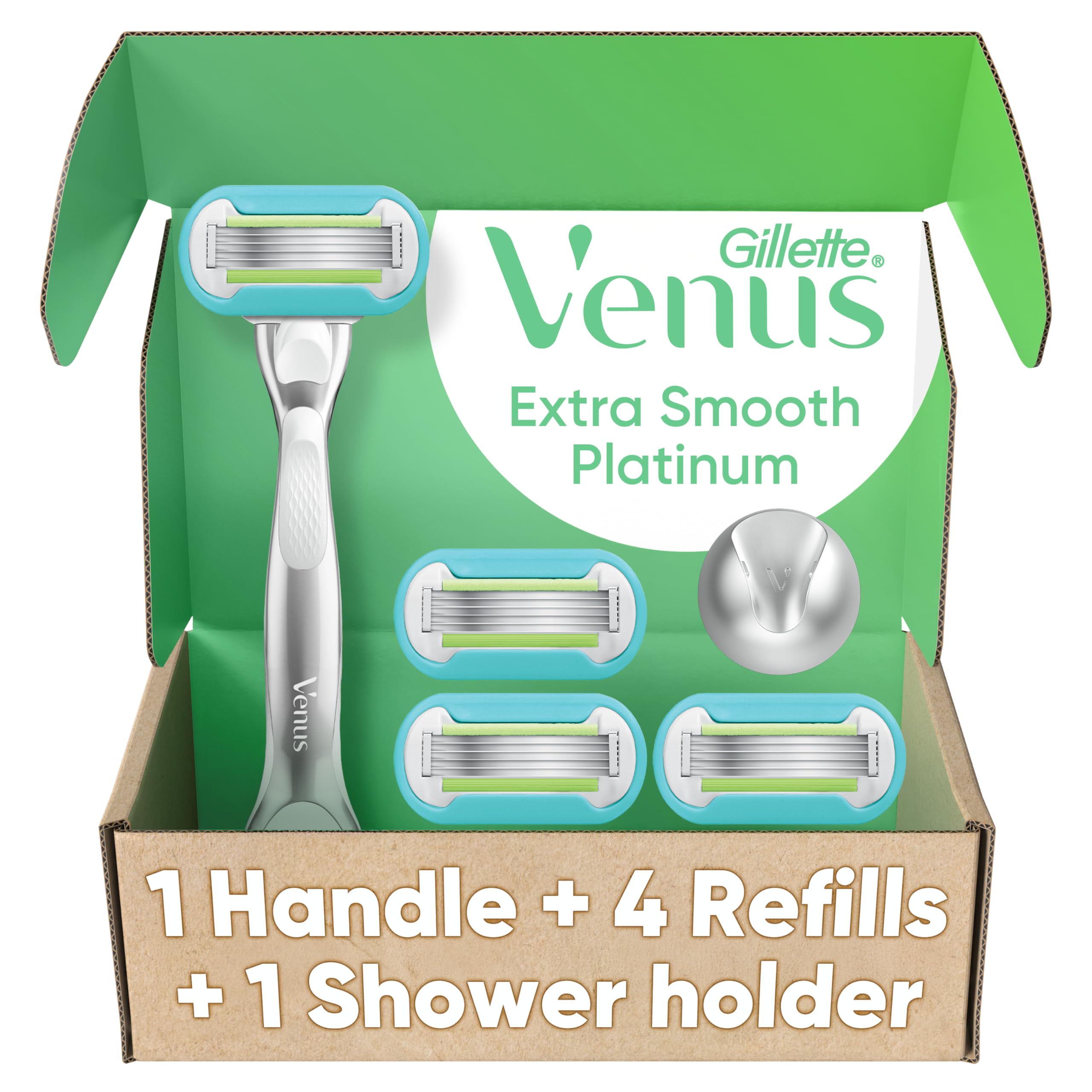 Gillette Venus Razor for Women, Extra Smooth, Includes 1 Reusable Razor Handle + 4 count 5-Bladed Razor Refills, Women's Razor with Durable Metal Handle and Shower Holder