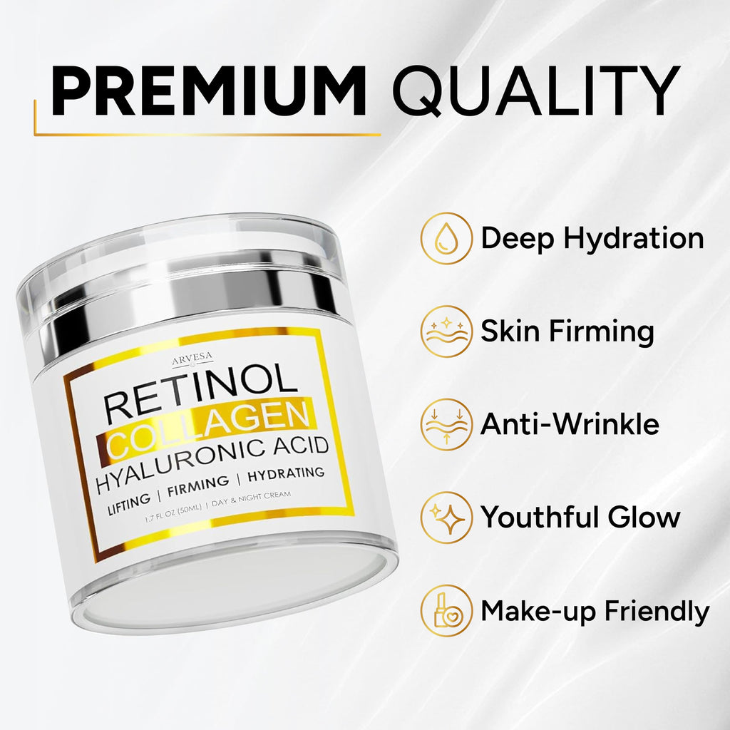 (2 Pack) Retinol Cream for Face with Collagen & Hyaluronic Acid, Non-Greasy | Anti Aging Wrinkle Cream for Women and Men - Day and Night Facial Moisturizer for Tightening and Skin Firming, Silky Feel
