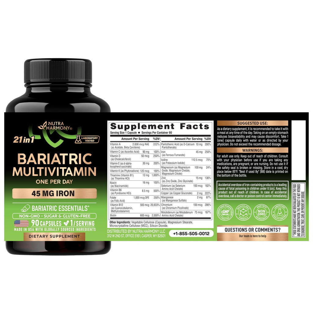 Bariatric Multivitamin with Iron 45mg - 21in1 Bariatric Complex - 90 Caps | Bariatric Vitamins for Women & Men - Lab Tested - Gastric Sleeve Support - Free of Sugar, Gluten & Soy - 1/Day