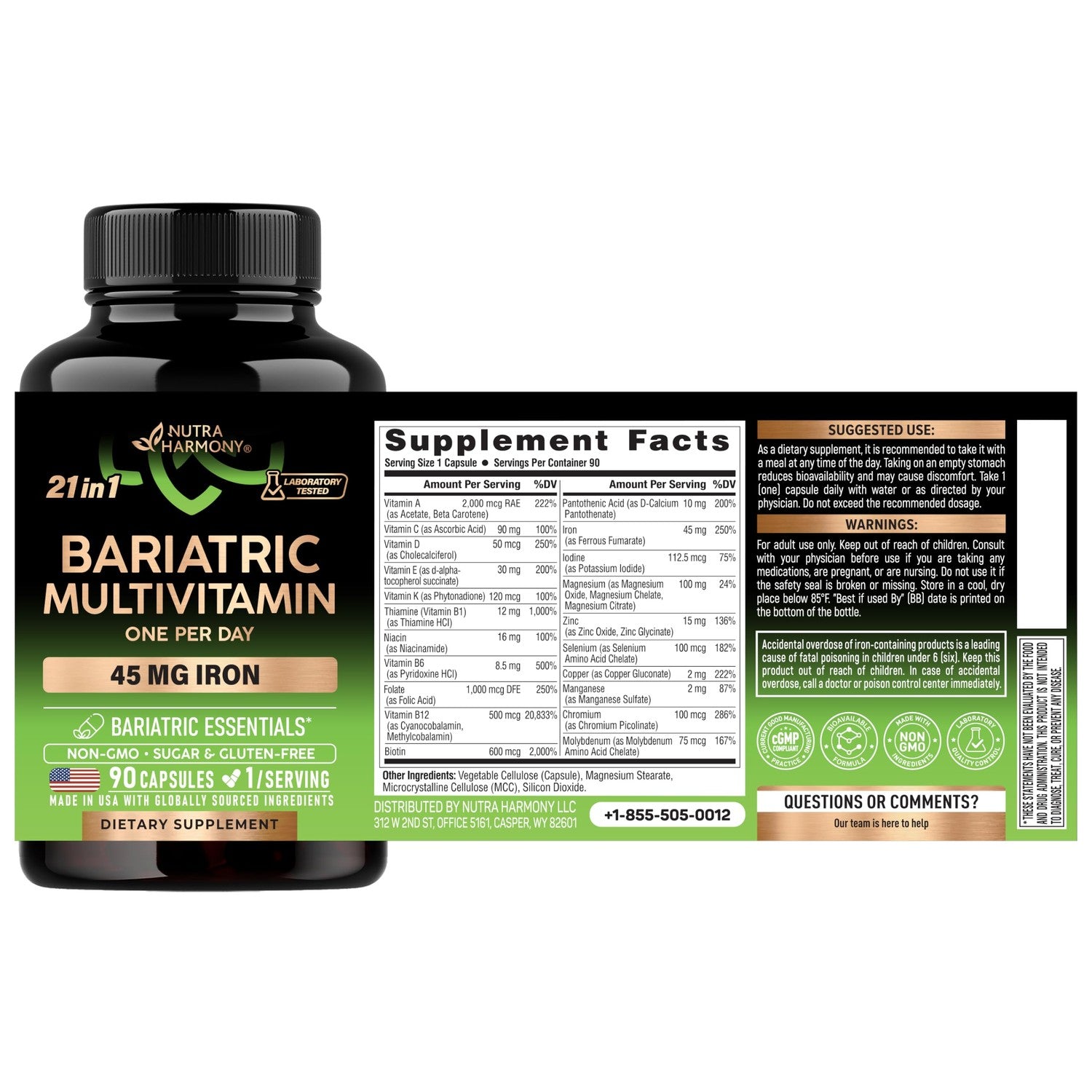 Bariatric Multivitamin with Iron 45mg - 21in1 Bariatric Complex - 90 Caps | Bariatric Vitamins for Women & Men - Lab Tested - Gastric Sleeve Support - Free of Sugar, Gluten & Soy - 1/Day