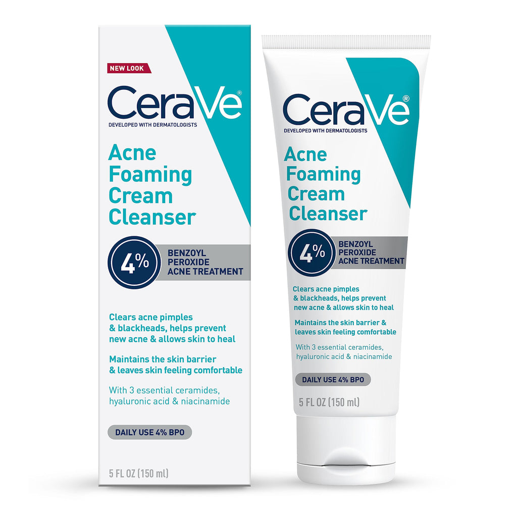 CeraVe Foaming Acne Cream Cleanser, Face Wash with 4% Benzoyl Peroxide, 5oz | Skin Care, Hyaluronic Acid, Niacinamide, Facial Cleanser, Acne Treatment For Face, Face Care, Gentle Cleanser, Ceramides