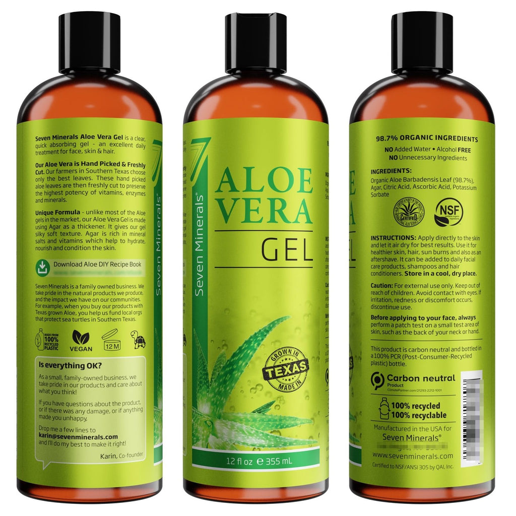 Seven Minerals Aloe Vera Gel with Freshly Cut Pure Organic Aloe - Big 12oz - Texas Grown, HighestQuality, Vegan, Unscented, Non-Sticky - After Sun, Skin & Face Moisturizer, Hair Mask