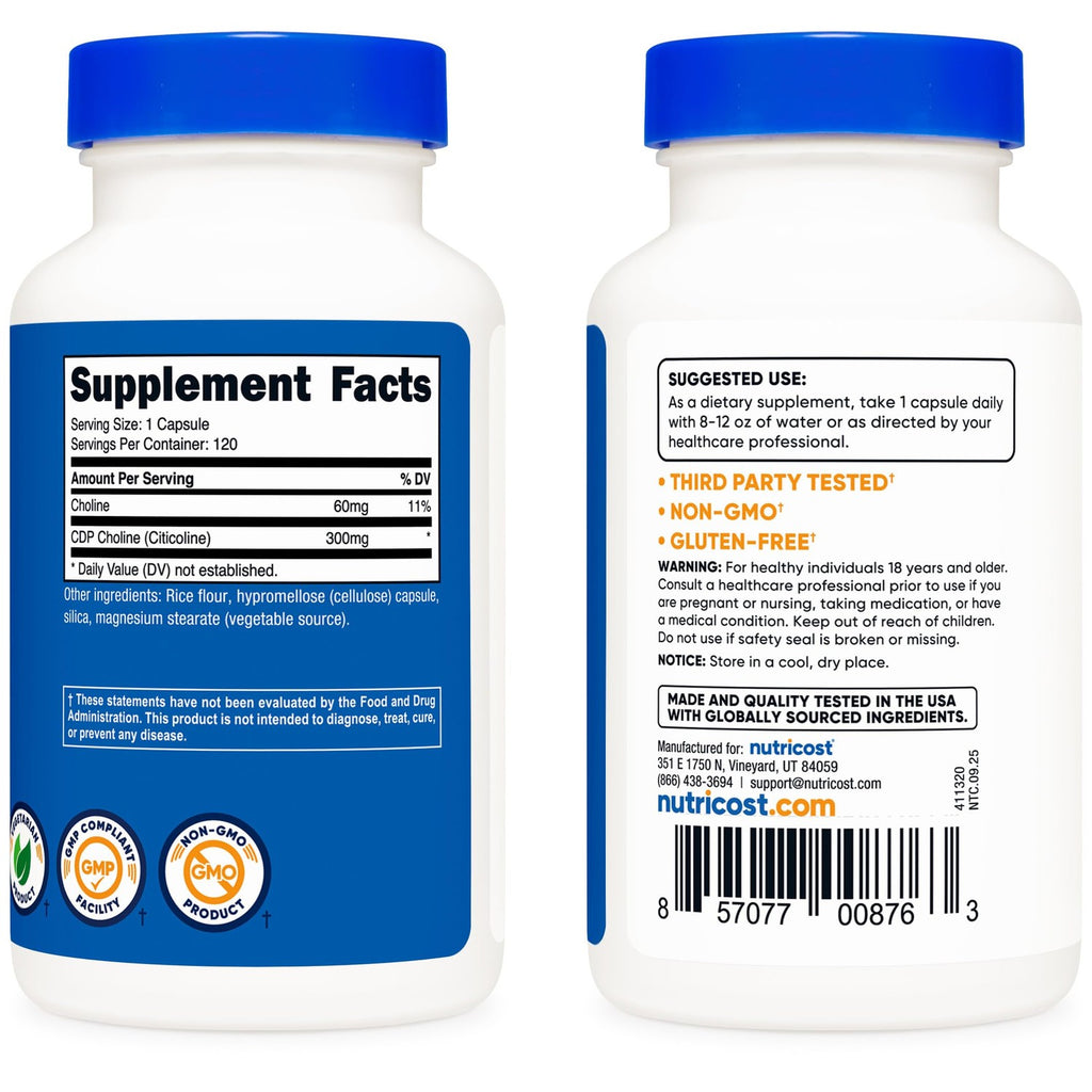 Nutricost CDP Choline (Citicoline) 300mg, 120 Vegetarian Capsules, GMO-Free | Gluten Free