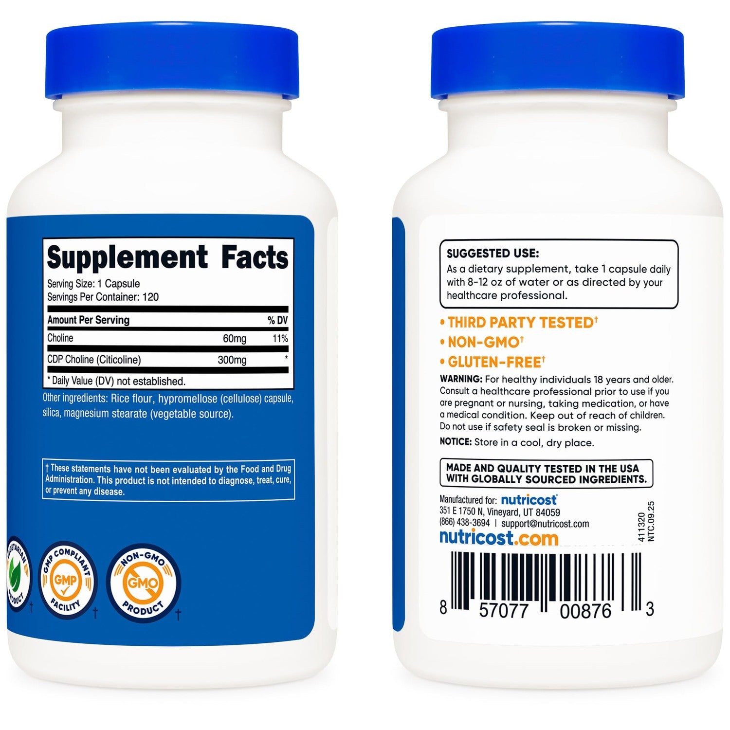 Nutricost CDP Choline (Citicoline) 300mg, 120 Vegetarian Capsules, GMO-Free | Gluten Free