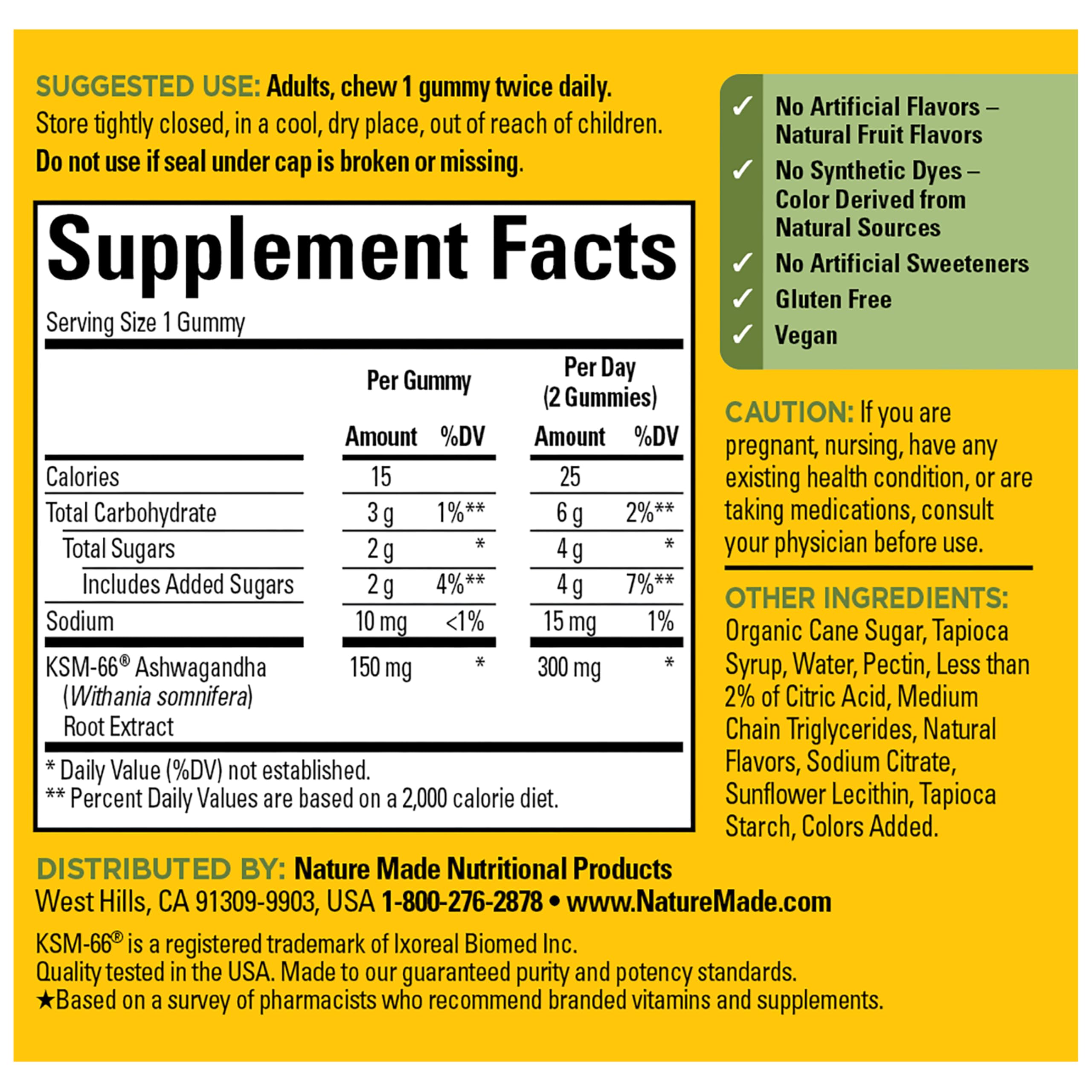 Nature Made Ashwagandha Gummies, 60 Vegan Gummies | KSM 66 Ashwagandha Supplement for Stress Support, 100% Drug Free, Gluten Free, Mixed Berry Flavor, 30 Day Supply
