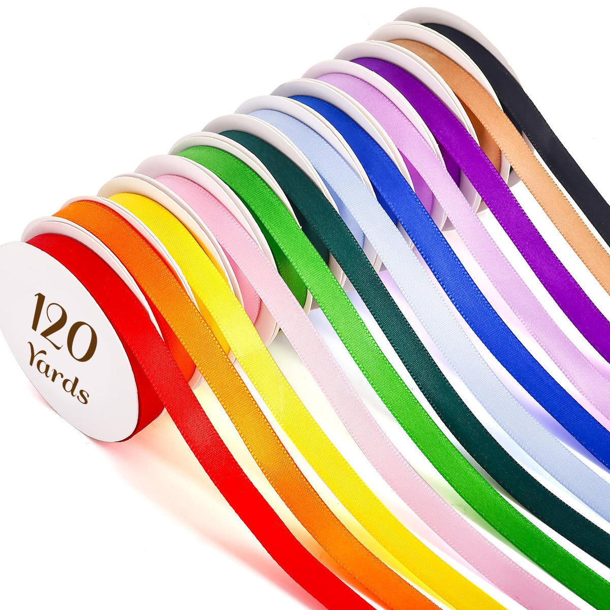 Rainbow Satin Ribbon 3/8 Inch x 12 Rolls (10 Yds/Roll, 120 Yds Total), Double Face Solid Color Set for Gift Wrapping, Hair Bows, Crafts, Sewing, Wedding, Party & Flower Bouquet Decorations