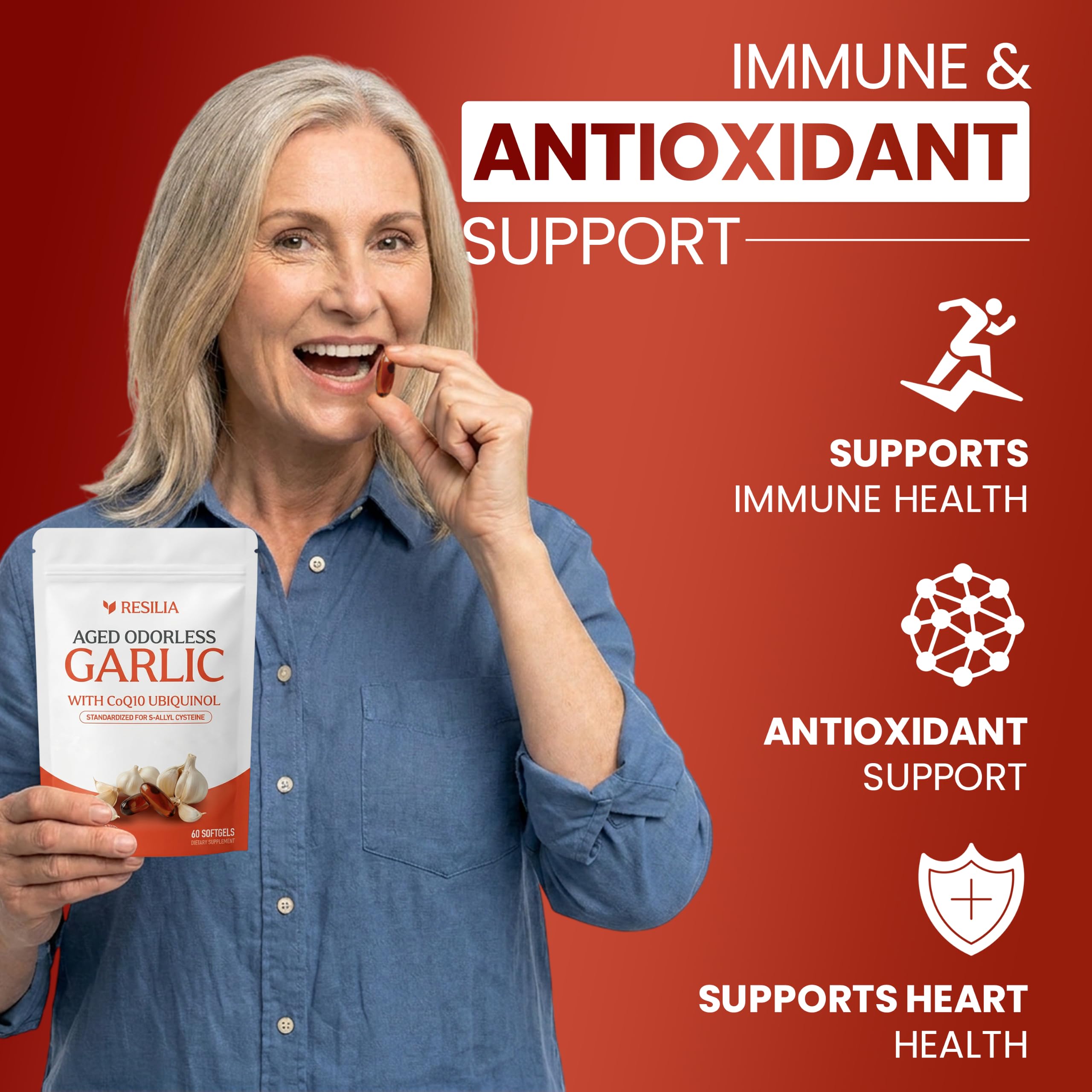 Resilia Odorless Aged Garlic Extract Softgels (60 Count) | 600mg Aged Garlic Extract Per Serving | With CoQ10 Ubiquinol & Vitamin K2 (MK-7) | Dietary Supplement