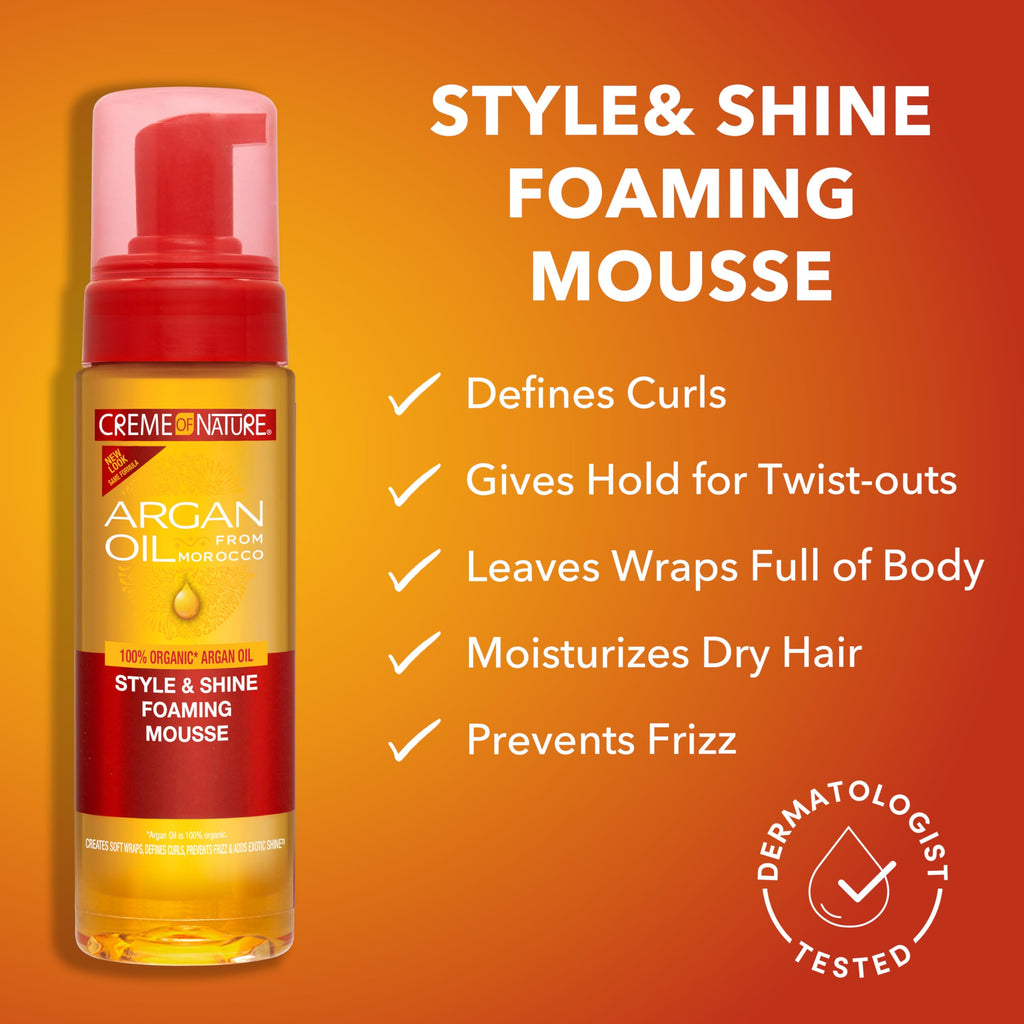 Creme of Nature Style & Shine Foaming Mousse, Defines Curls & Controls Frizz, Moisturizes Hair while Adding Shine with Argan Oil from Morocco, 7 fl oz