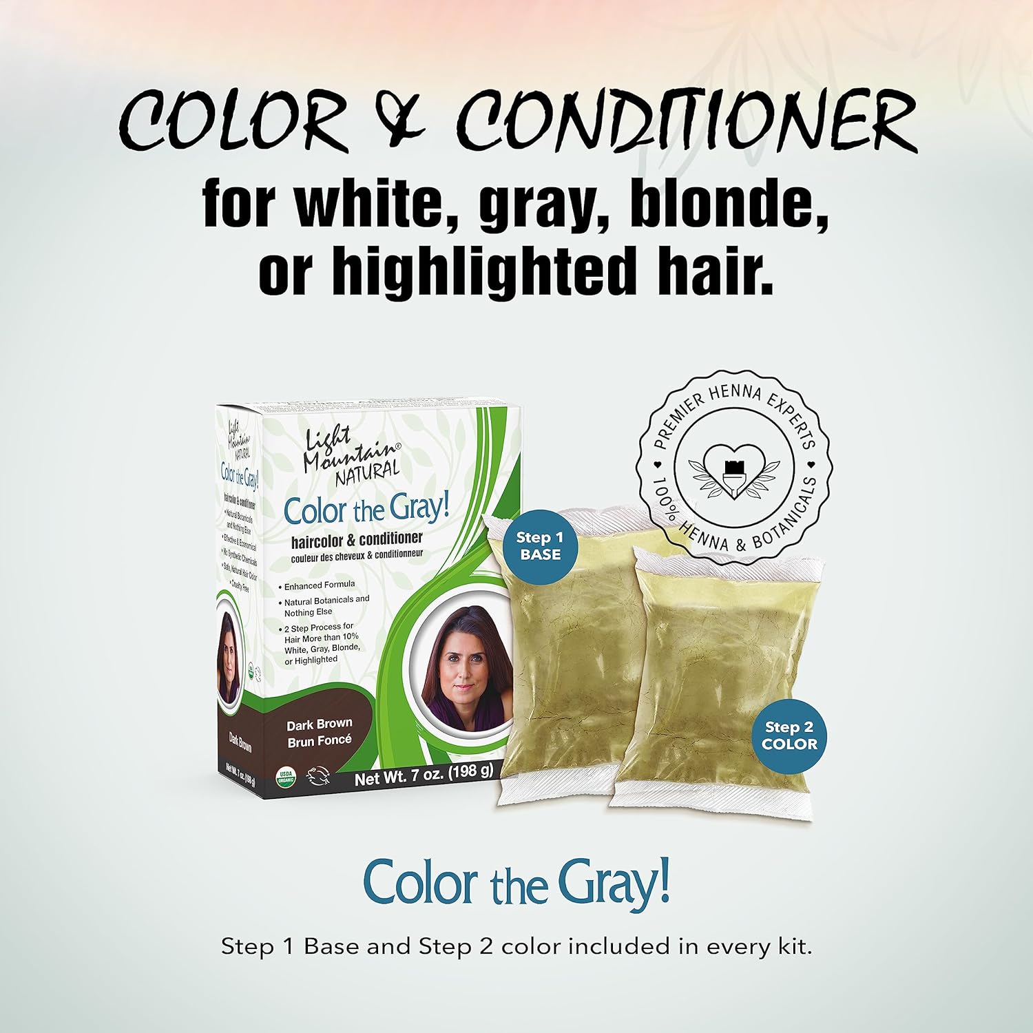 Buy now Light Mountain Henna Hair Color & Conditioner, Color the Gray - Dark Brown Hair Dye for Men/Women, 2-Step Chemical-Free, Semi-Permanent Hair Color for White, Gray, and Blonde Hair, 7 Oz (Pack of 2) at indiglob india