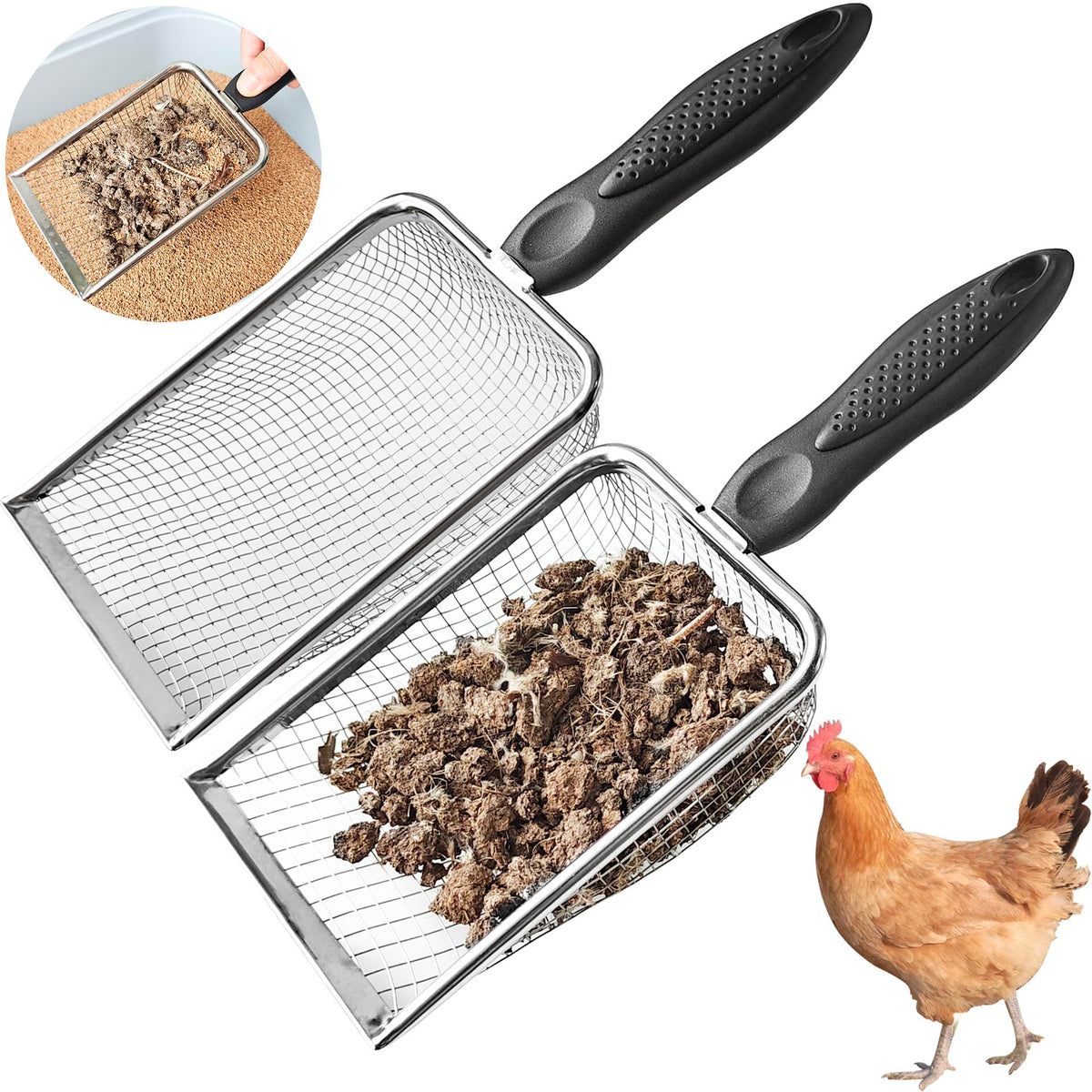 Chicken Poop Scooper for Coop,2 Pack Chicken Coop Poop Scoop Shovel with 3.8mm & 5mm Mesh, Metal Chicken Coop Rake and Scoop Tool,Scooper Shovel for Sifting Sand, Litter, Chicken Supplies