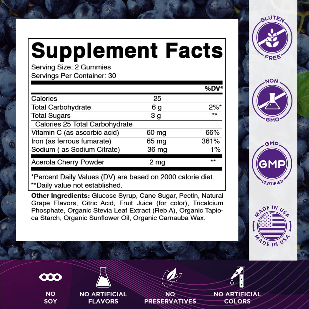 Vitamatic Iron 65 mg with Vitamin C - 60 Vegan Gummies - 3 Pack | 65 mg Iron Per Serving, Natural Grape Flavor, Plant Based, Gluten Free, Non-GMO, Made in USA