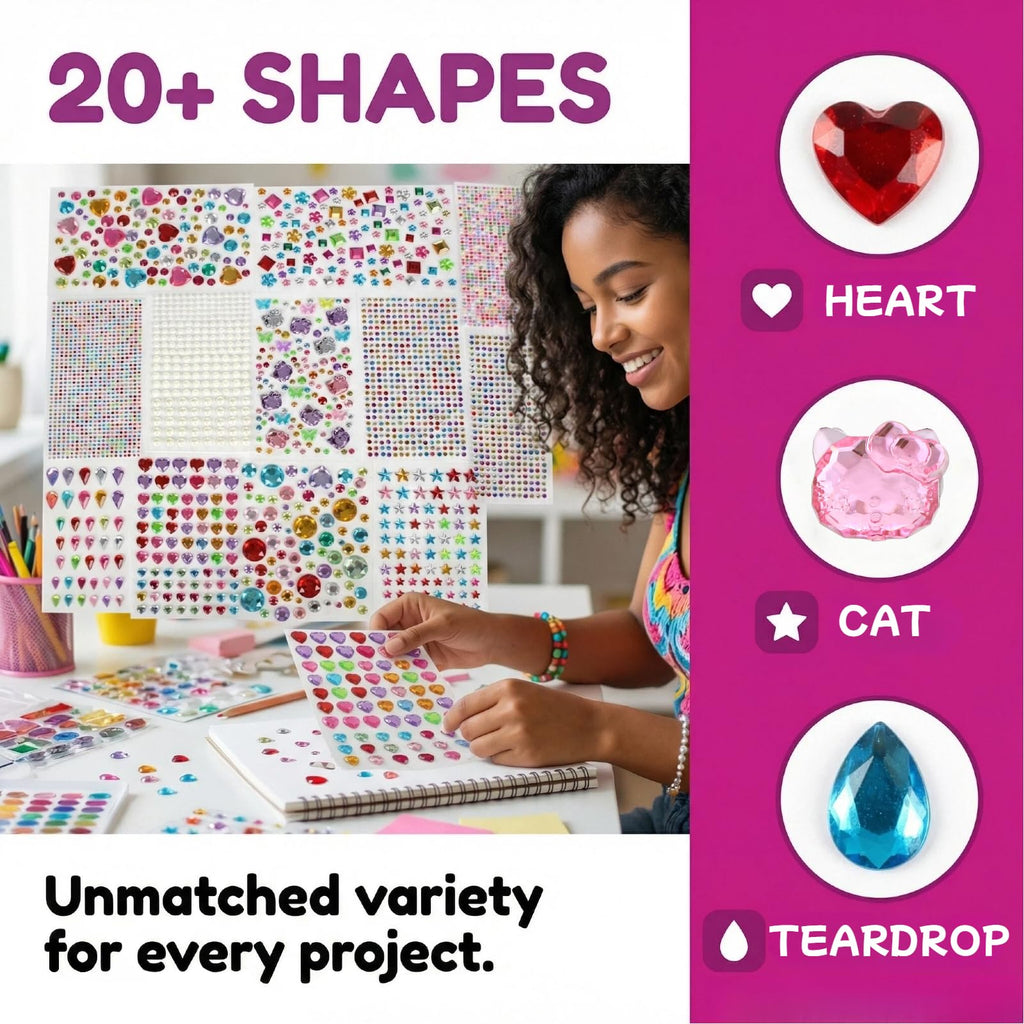 3521 Pieces Self Adhesive Jewels for Crafts, Gems Stickers for Kids, Flat Back Plastic Fake Jewels for Scrapbook Supplies and face gems