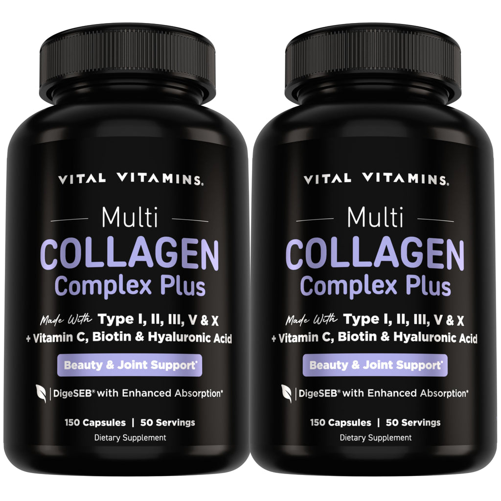 Vital Vitamins Multi Collagen Complex Plus Biotin, Hyaluronic Acid & VIT. C | Hair, Skin, & Nails Supplements for Women and Men, 5 Collagen Types I II III V & X, 150 Capsules